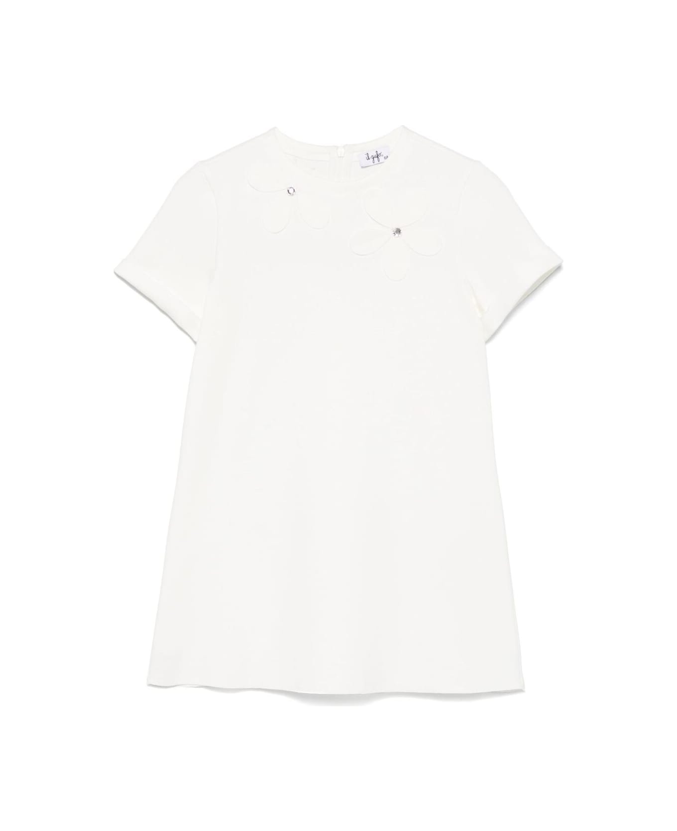 Il Gufo White Crewneck Dress With Floral Patches On The Front And Rear Concealed Zip Closure In Viscose Blend Stretch Girl - White