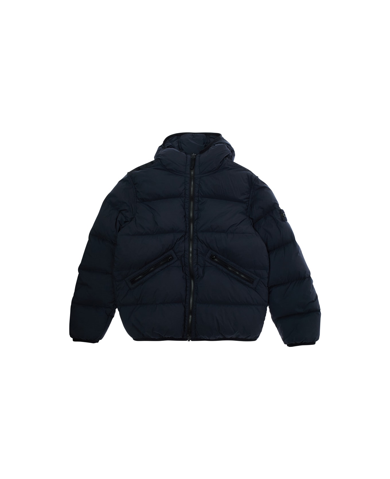 Stone Island Junior Blue Down Jacket With Fixed Hood And Logo Patch On The Sleeve In Tech Fabric Boy - Blu