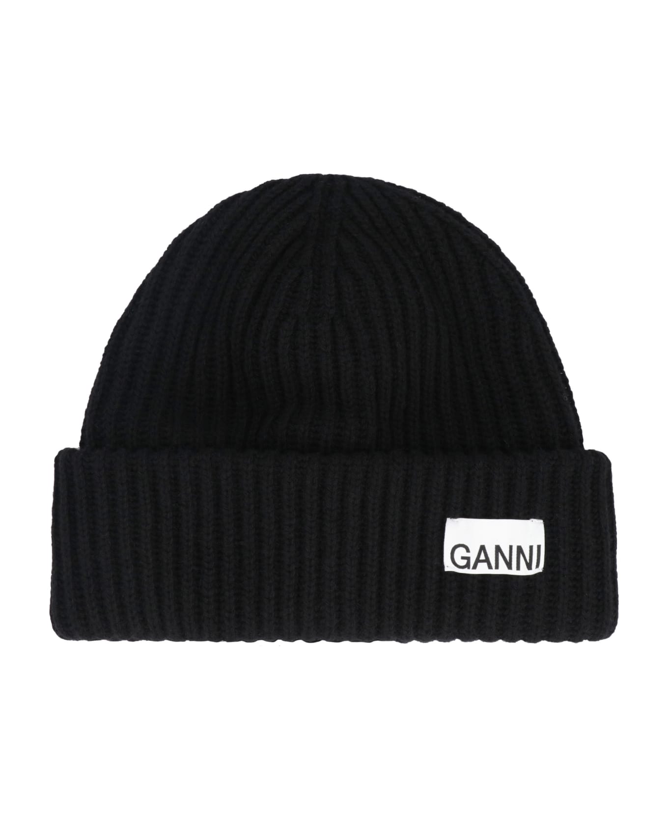 Ganni Ribbed Knit Beanie - black