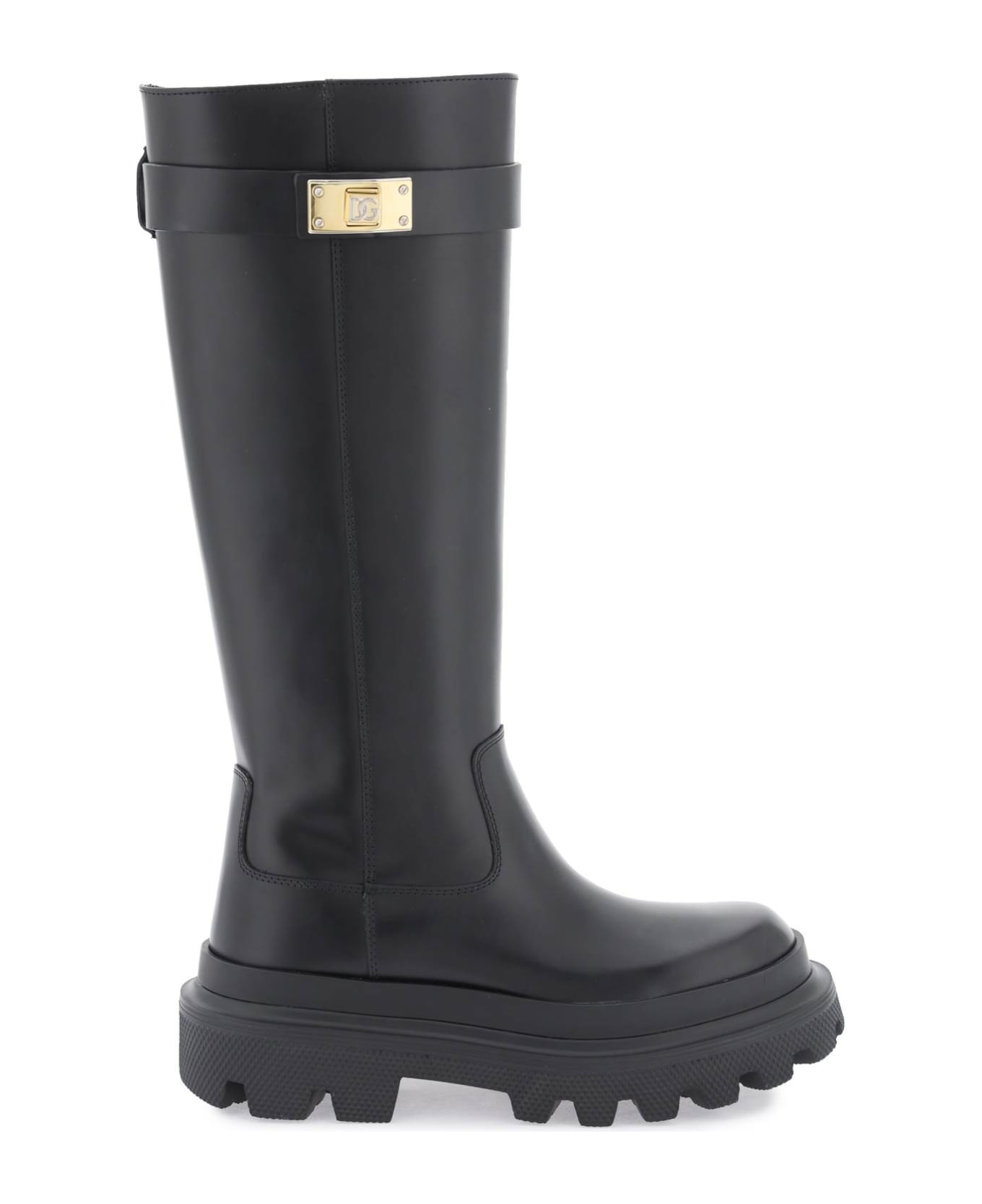 Dolce & Gabbana Leather Boots With Logoed Plaquee - Black