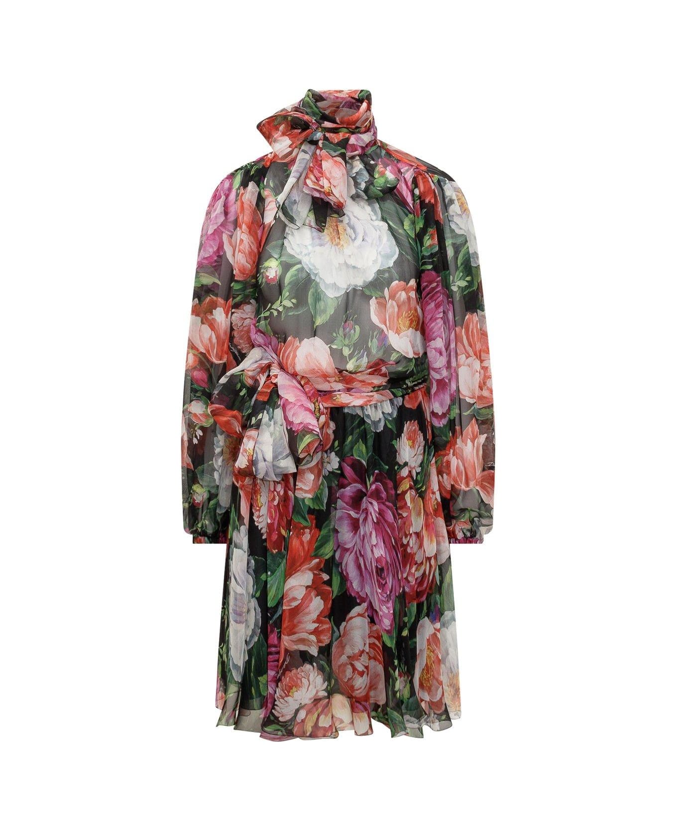 Dolce & Gabbana Floral-printed Tied-neck Chiffon Dress - Nero.