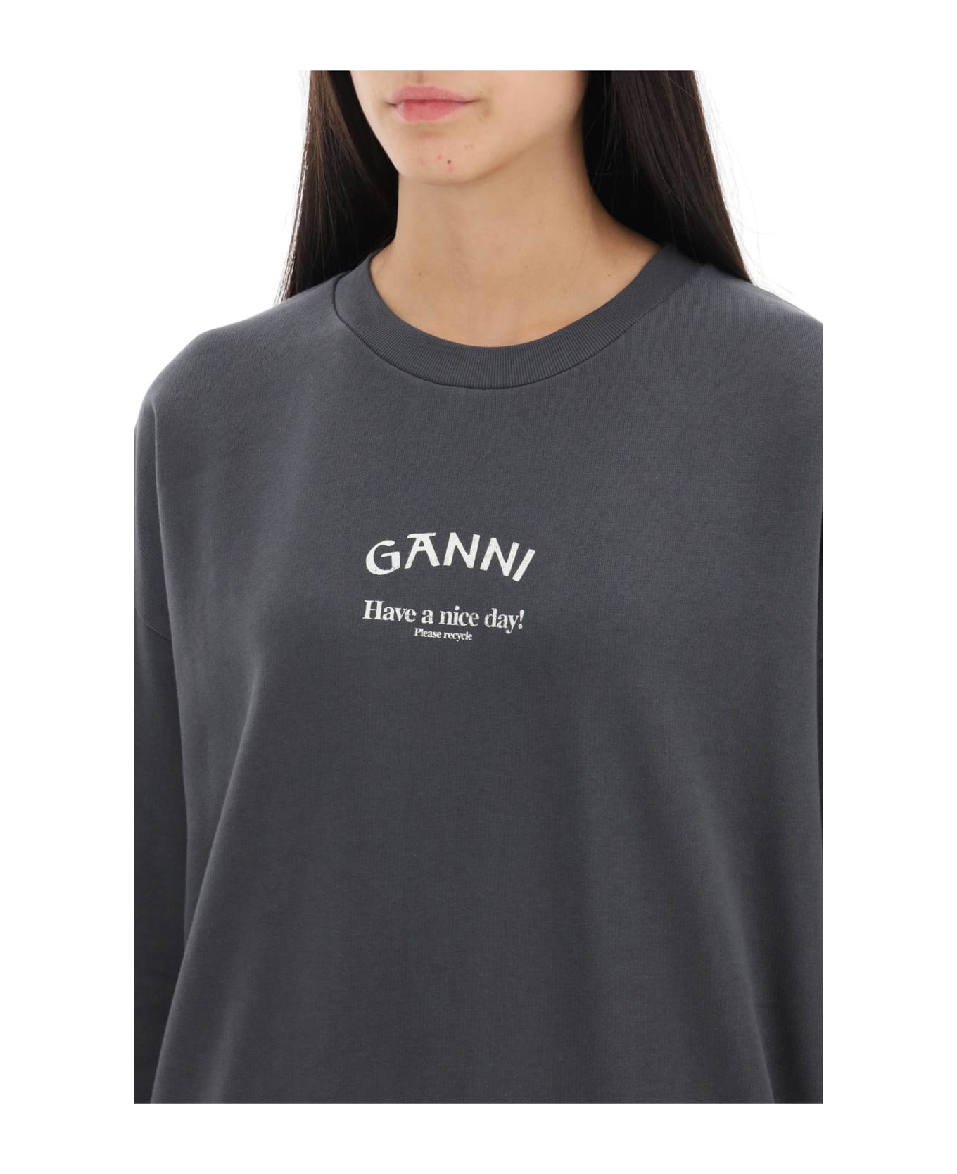 Ganni Oversized Sweatshirt With Logo Print - VOLCANIC ASH (Grey) フリース