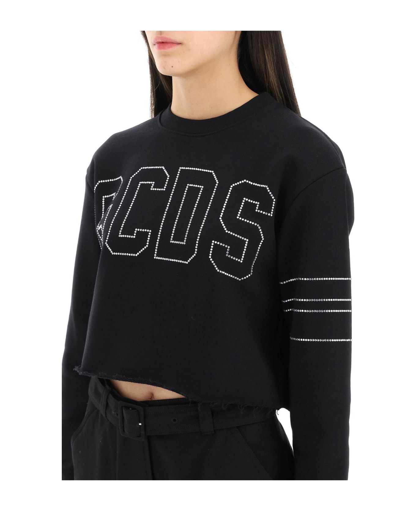 GCDS Cropped Sweatshirt With Rhinestone Logo - BLACK (Black)
