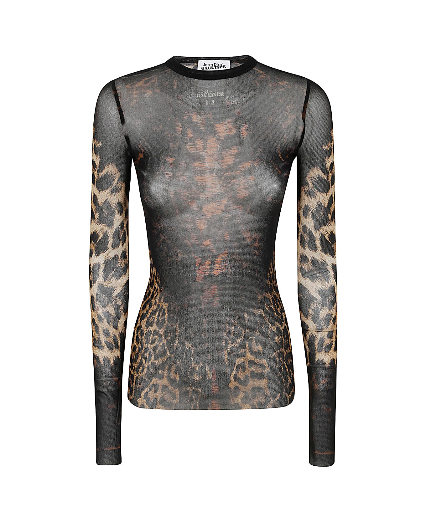 Jean Paul Gaultier Mesh Long Sleeve Top Printed "leopard" With Lace Label - Beige Brown Dark Brown Black