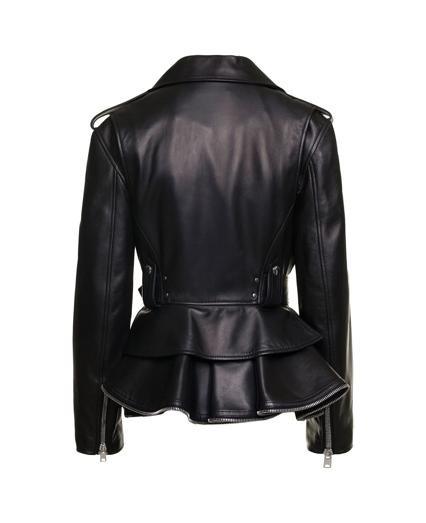 Alexander McQueen Black Biker Jacket With Peplum Hem And Belt In Smooth Leather Woman - Black