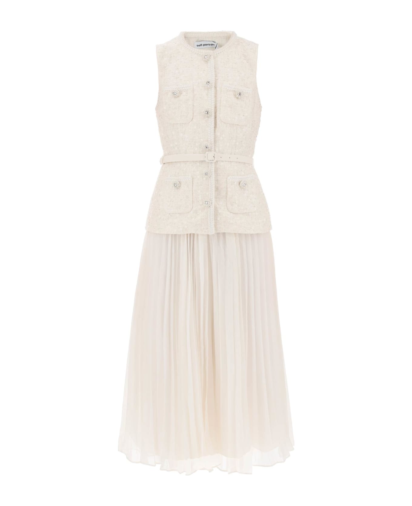 self-portrait Midi Peplum Dress With Pleated Skirt - CREAM (White)