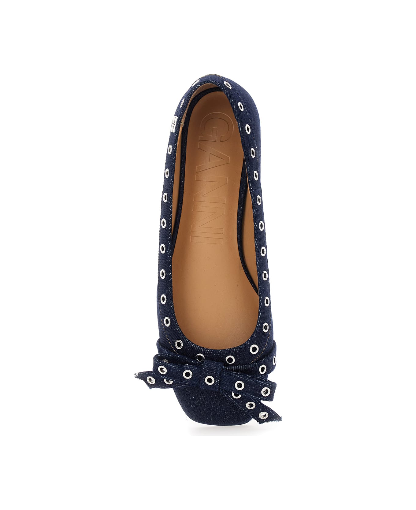 Ganni Blue Ballet Flats With Eyelet Details In Cotton Woman - Denim/Blue