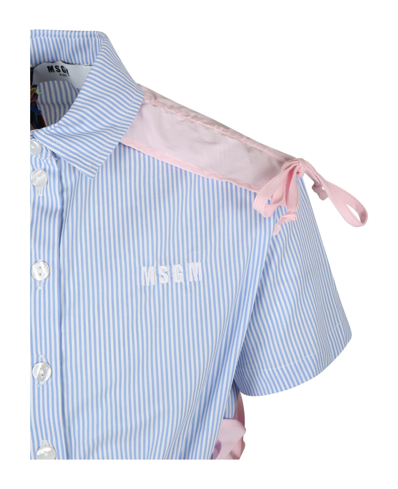 MSGM Light Blue Crop Shirt For Girl With Logo - Multicolor