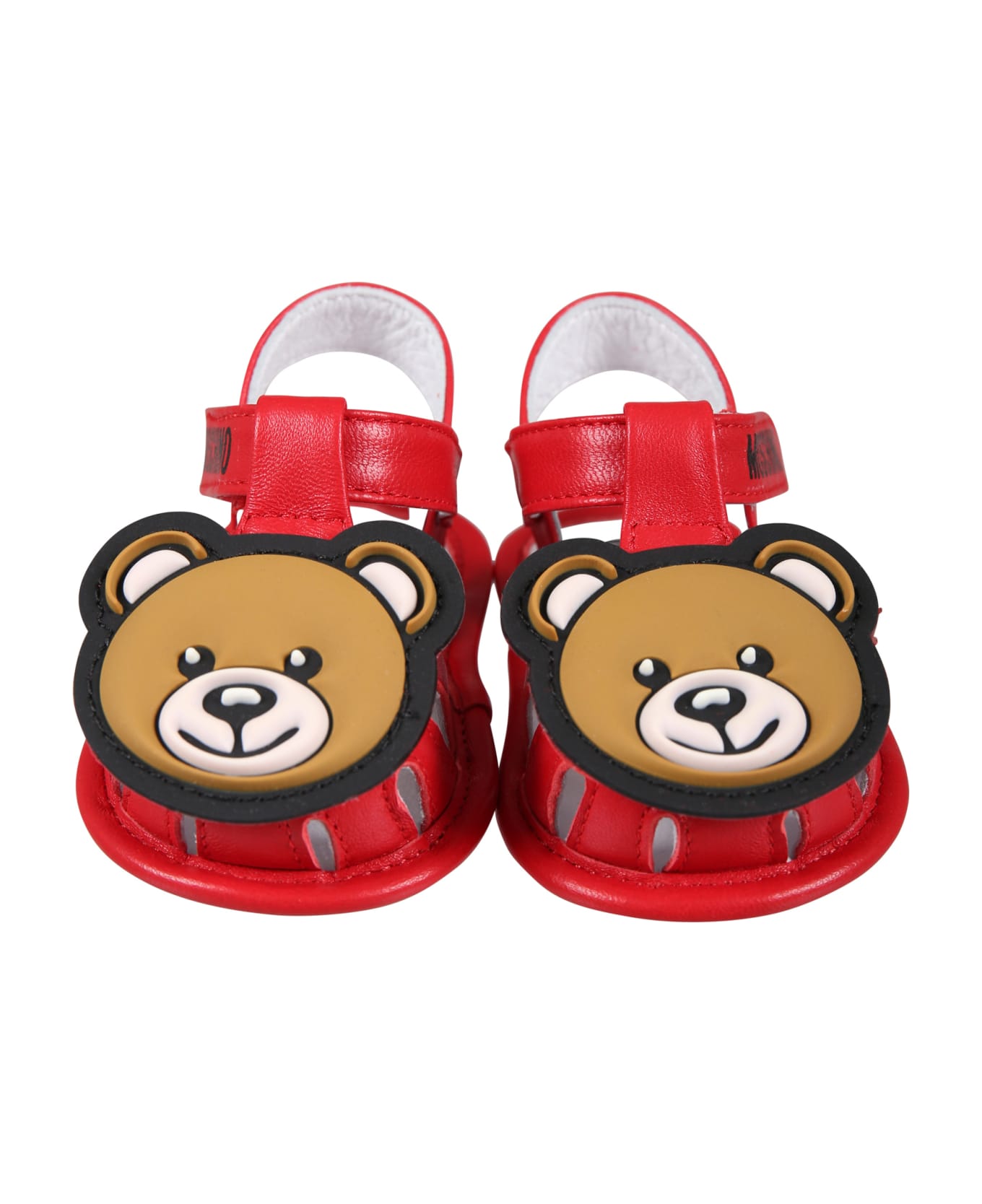Moschino Red Sandals For Baby Kids With Teddy Bear And Logo - Red