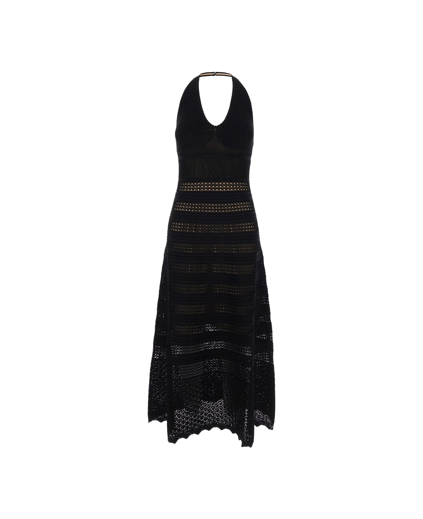 TwinSet Long Black Perforated Dress With Halterneck In Viscose Blend Woman - Black