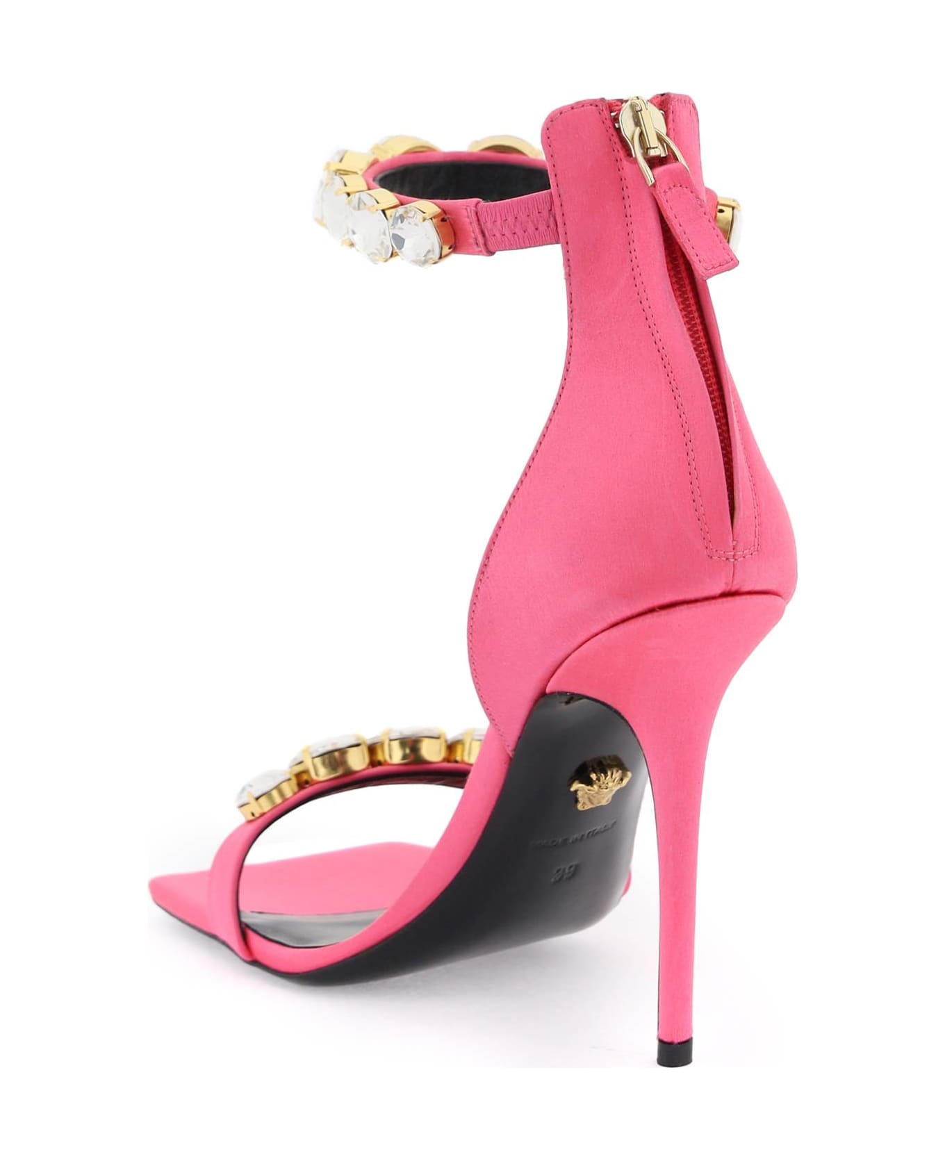 Versace Crystal Satin Sandals - FLAMINGO VERSACE GOLD (Pink)
