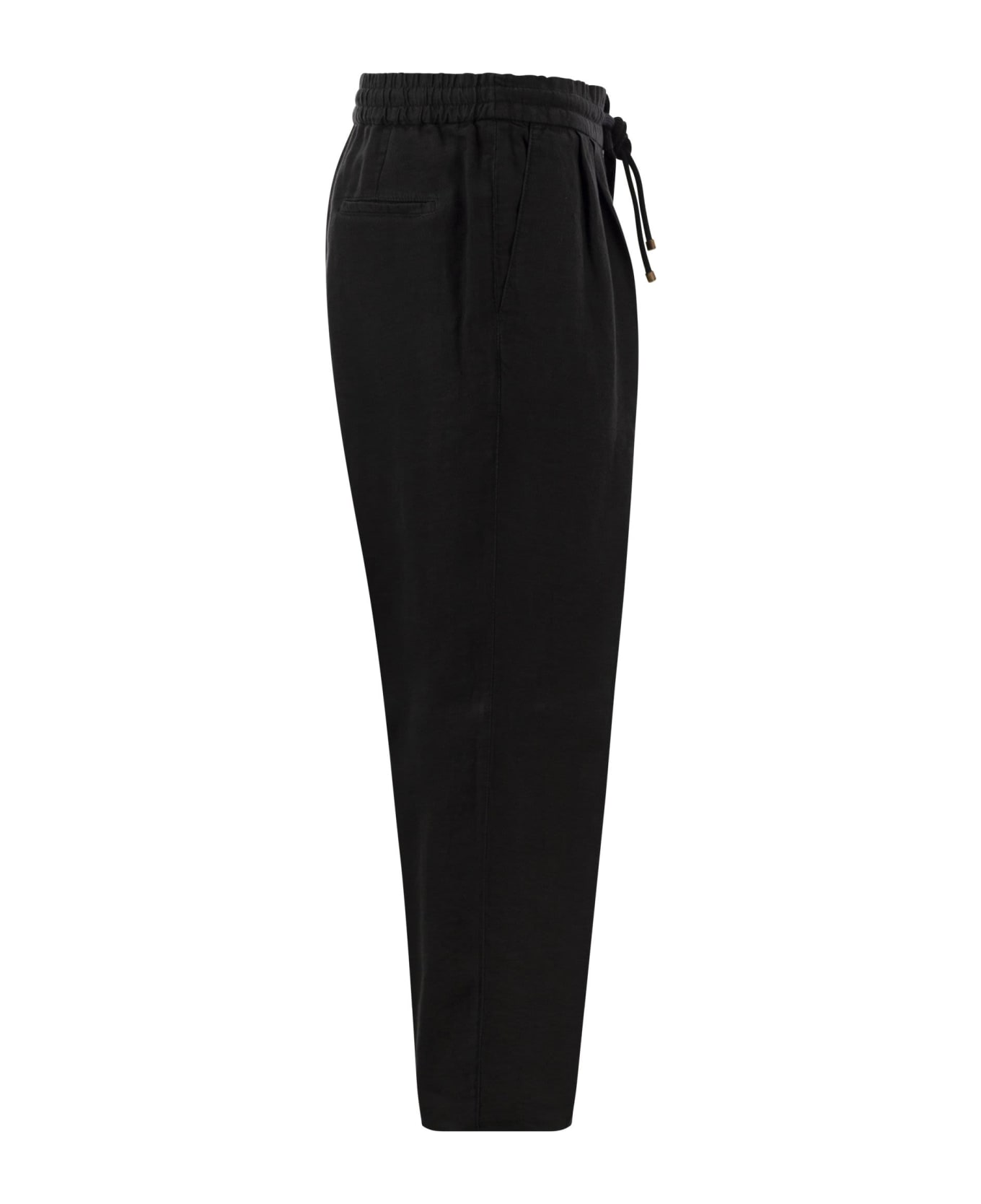 Brunello Cucinelli Leisure Fit Trousers In Linen Gabardine With Drawstring And Double Darts - Black