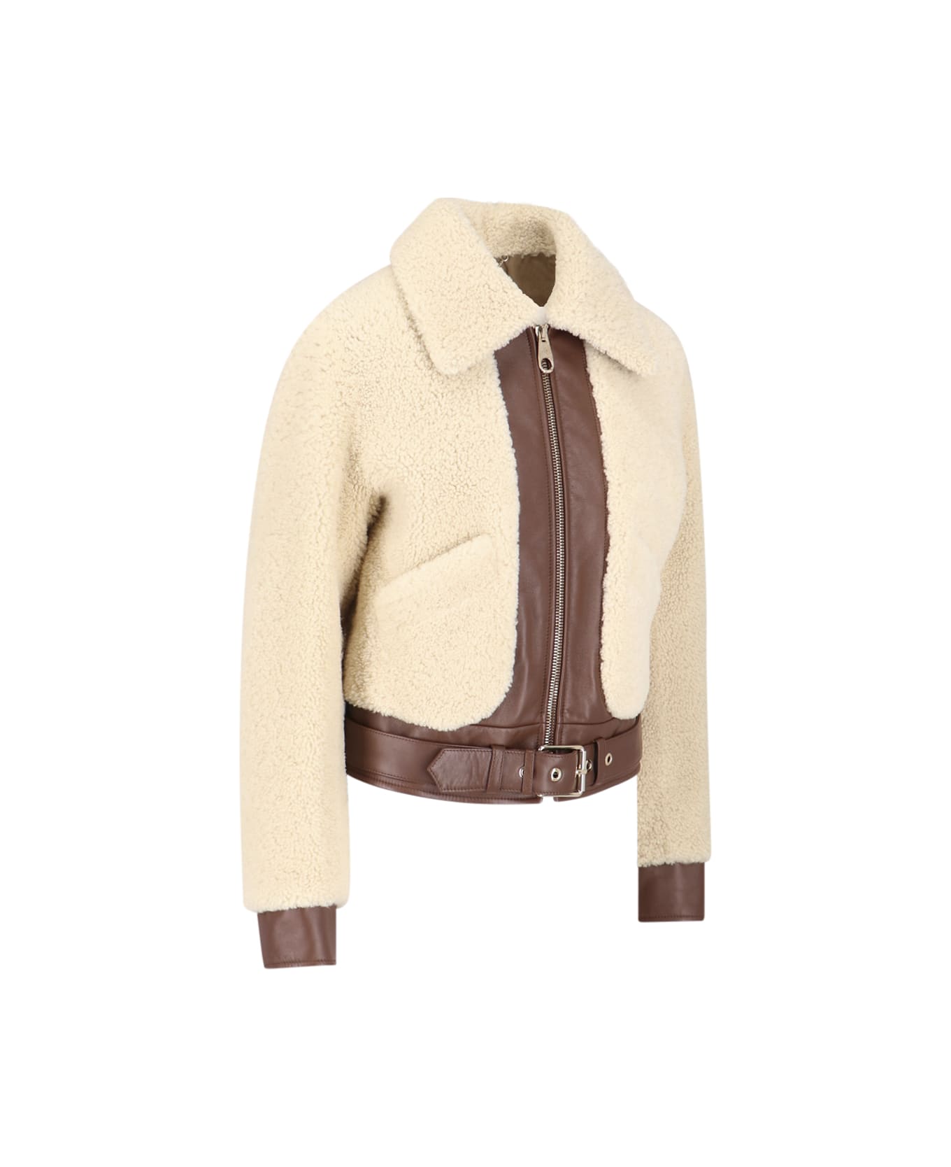 Chloé Beige And Brown Leather And Shearling Bomber Jacket - Cream