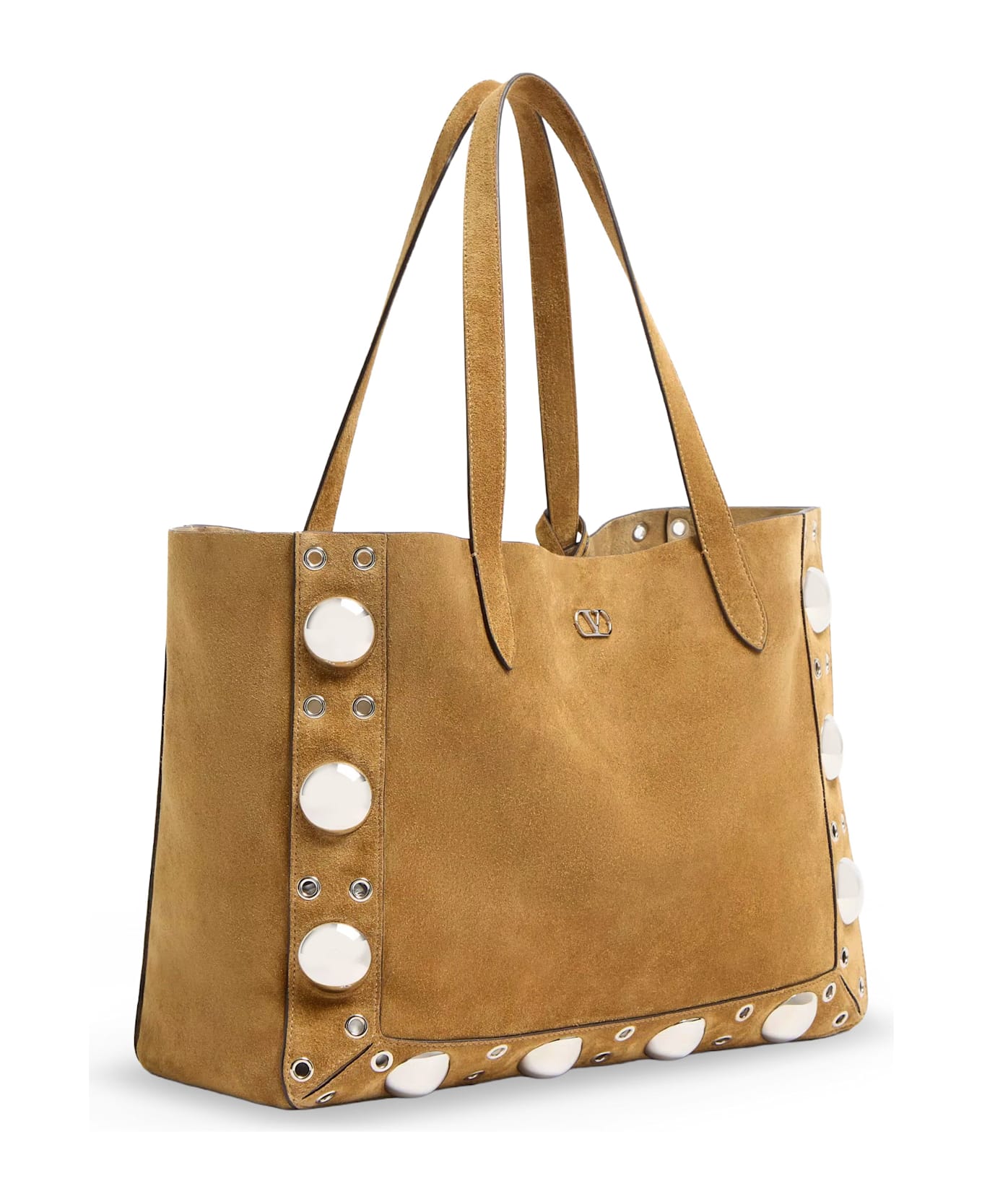 Valentino Garavani Suede Shopping Bag With Metal Logo - HAVANA BEIGE