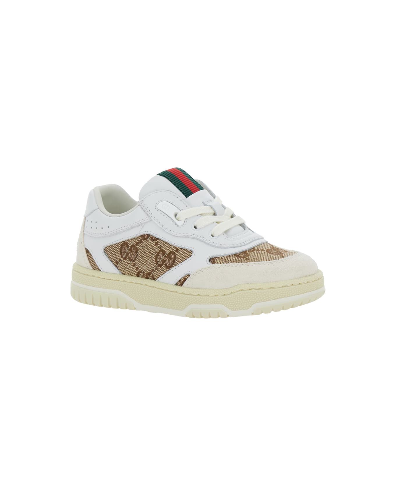 Gucci Sneaker With Gg Motif And Web Detail In Leather Boy - White