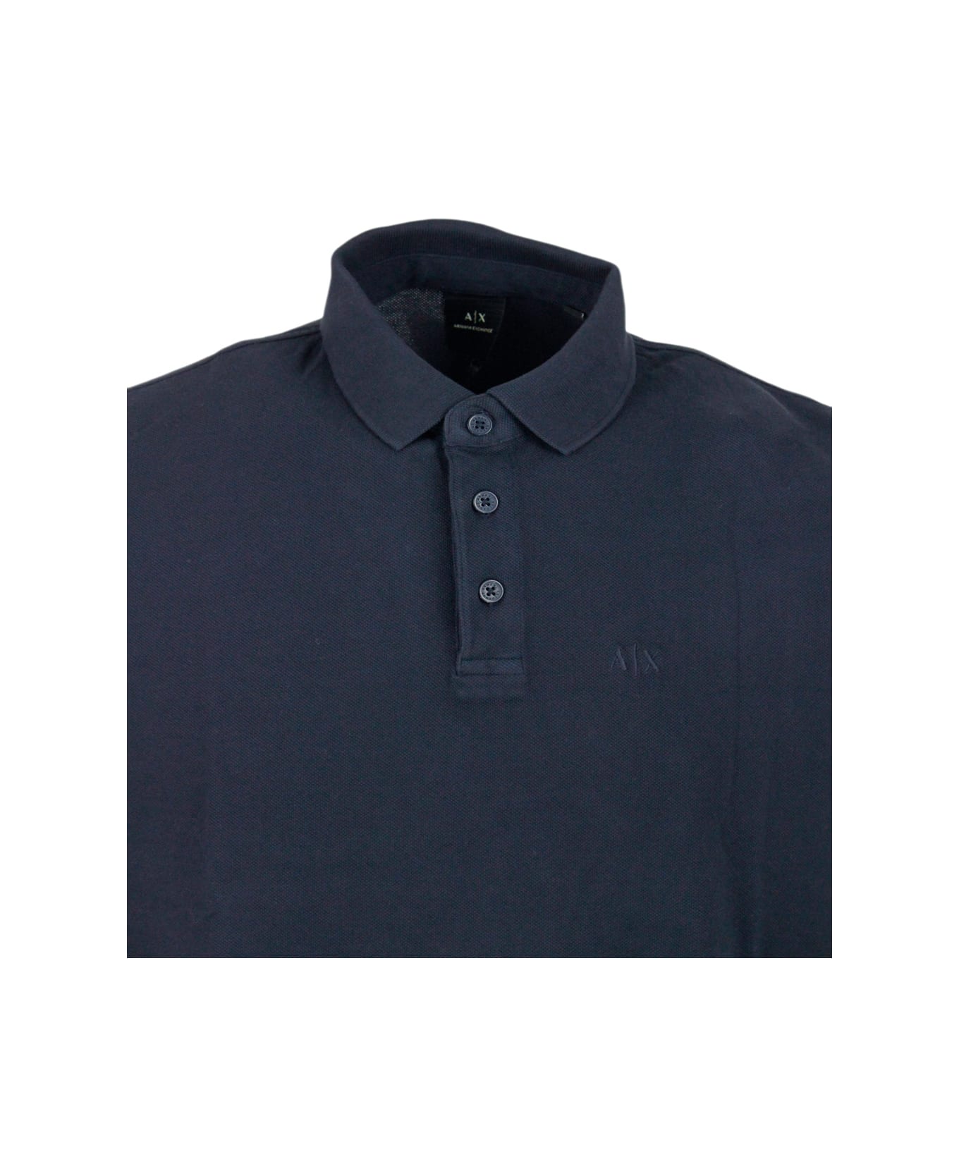 Armani Collezioni 3-button Short-sleeved Pique Cotton Polo Shirt With Logo Embroidered On The Chest - Blue