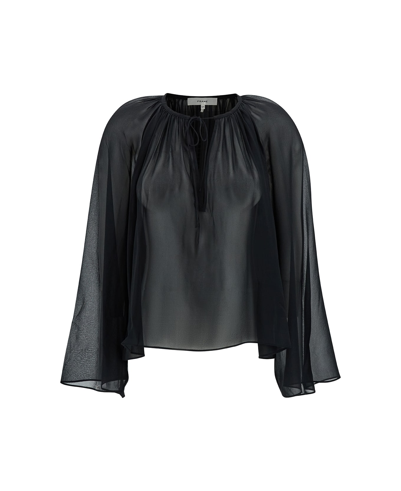 Frame Black Blouse With V Neckline In Semi-sheer Silk Woman - Black