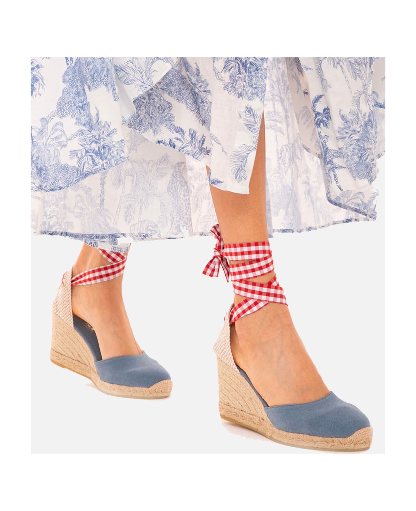MC2 Saint Barth Blu Print Canvas Espadrillas With Hight Wedge And Ankle Lace - BLUE ウェッジシューズ