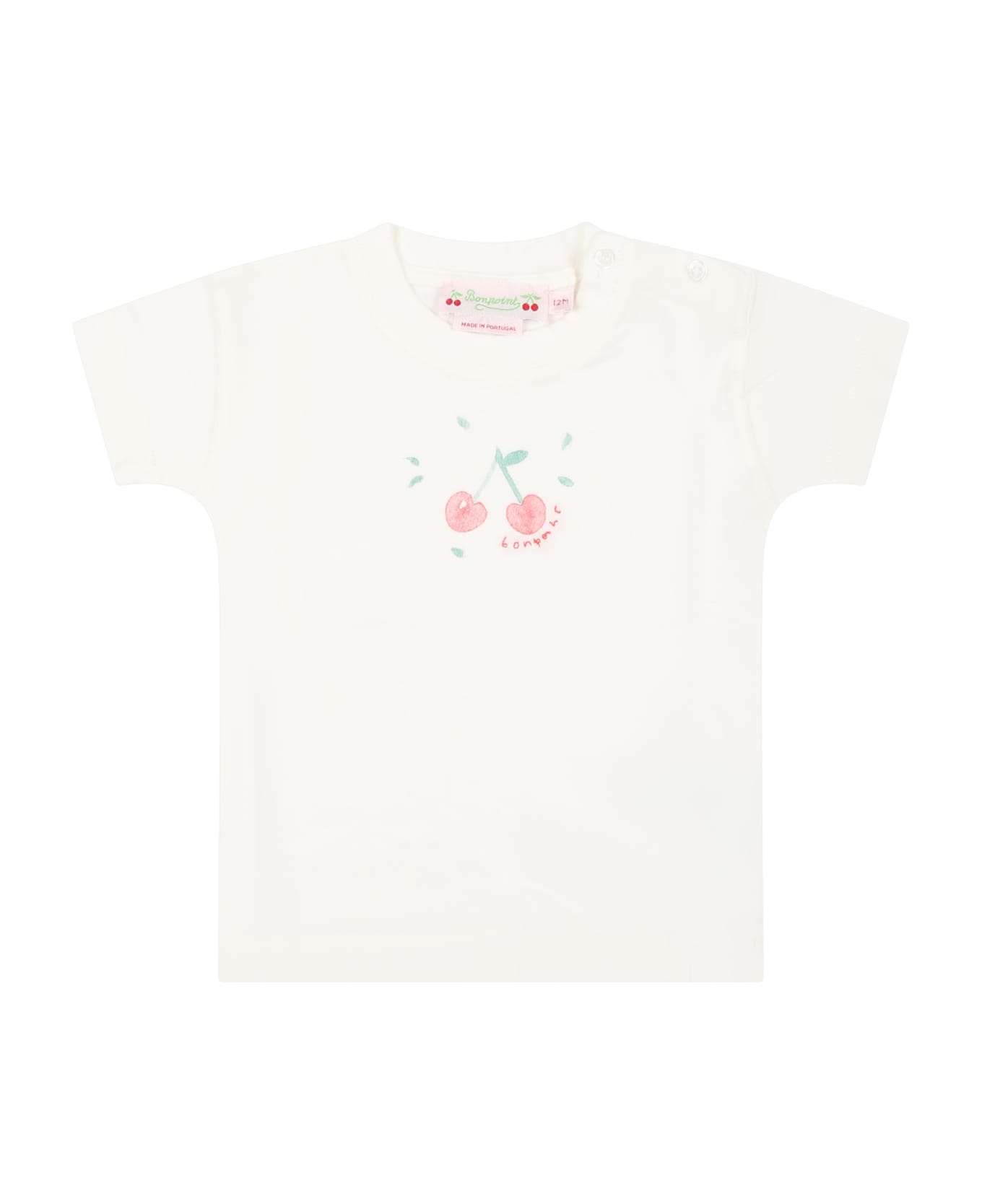 Bonpoint White T-shirt For Baby Girl With Iconic Cherries - White Tシャツ＆ポロシャツ
