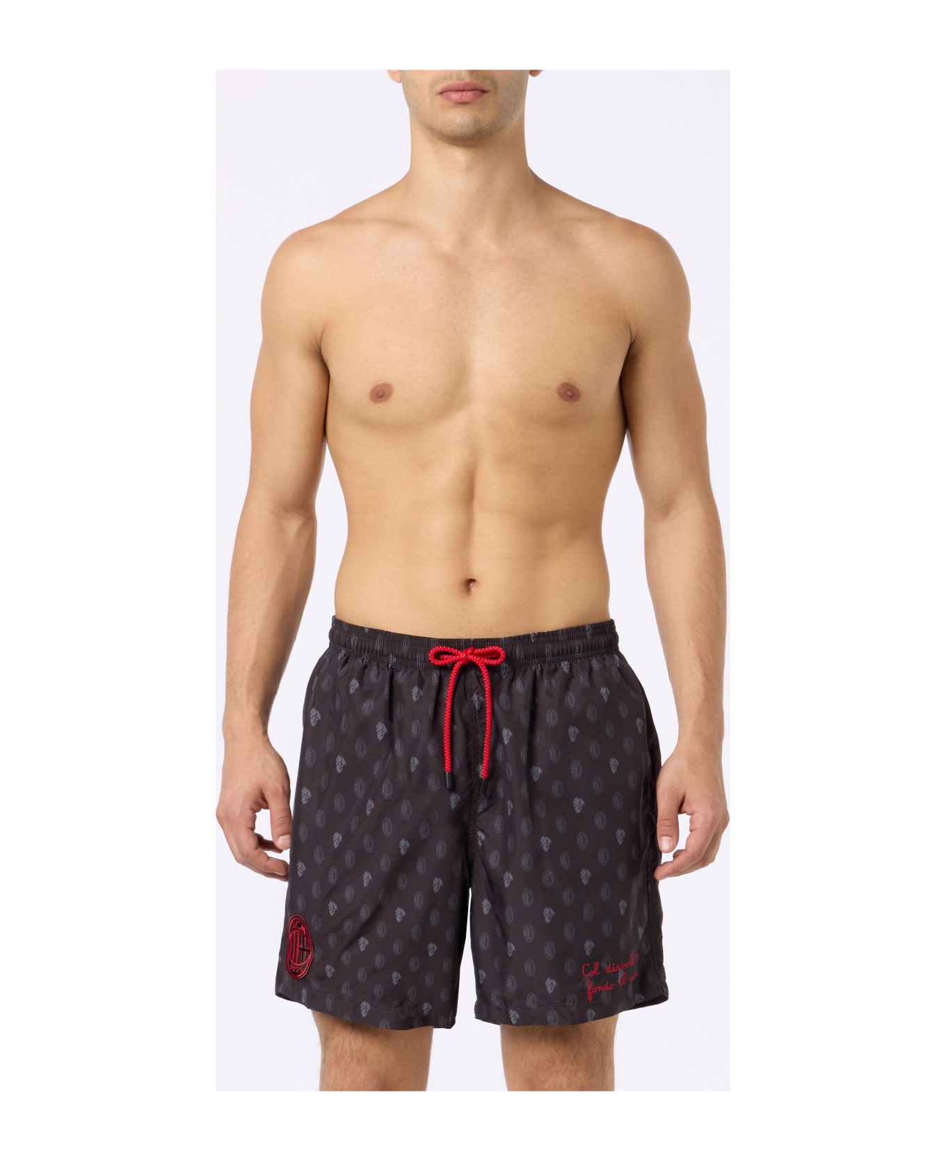 MC2 Saint Barth Man Lightweight Fabric Swim Shorts With Milan Logo Print And Patch | Ac Milan Special Edition - BLACK