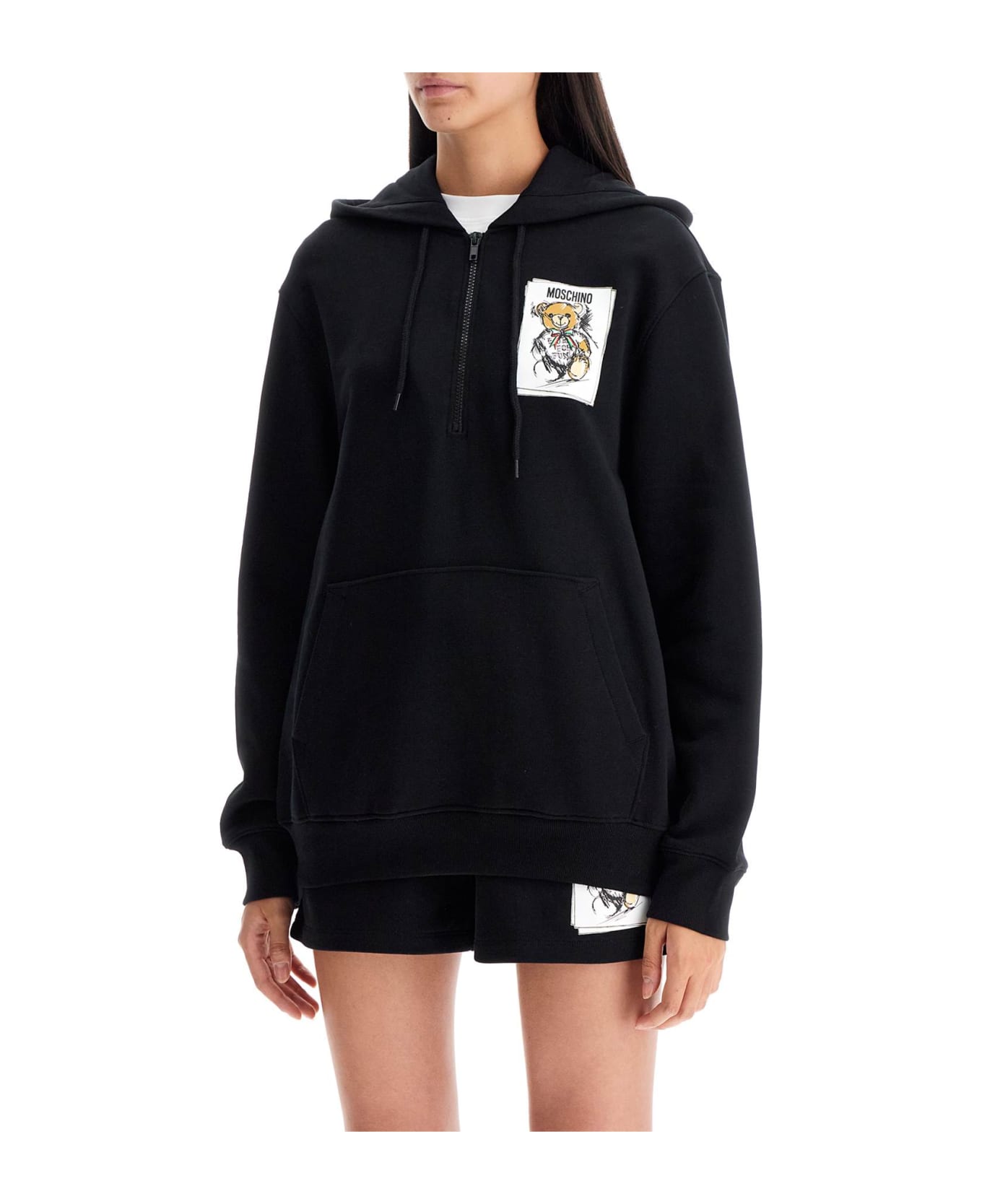 Moschino Logo Printed Zipped Hoodie - MULTI BLACK (Black)