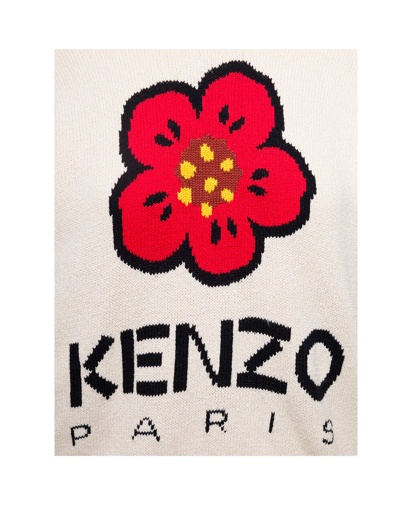Kenzo White Crewneck Kint Jumper With Boke Flower And Logo In Cototn Blend Woman - White