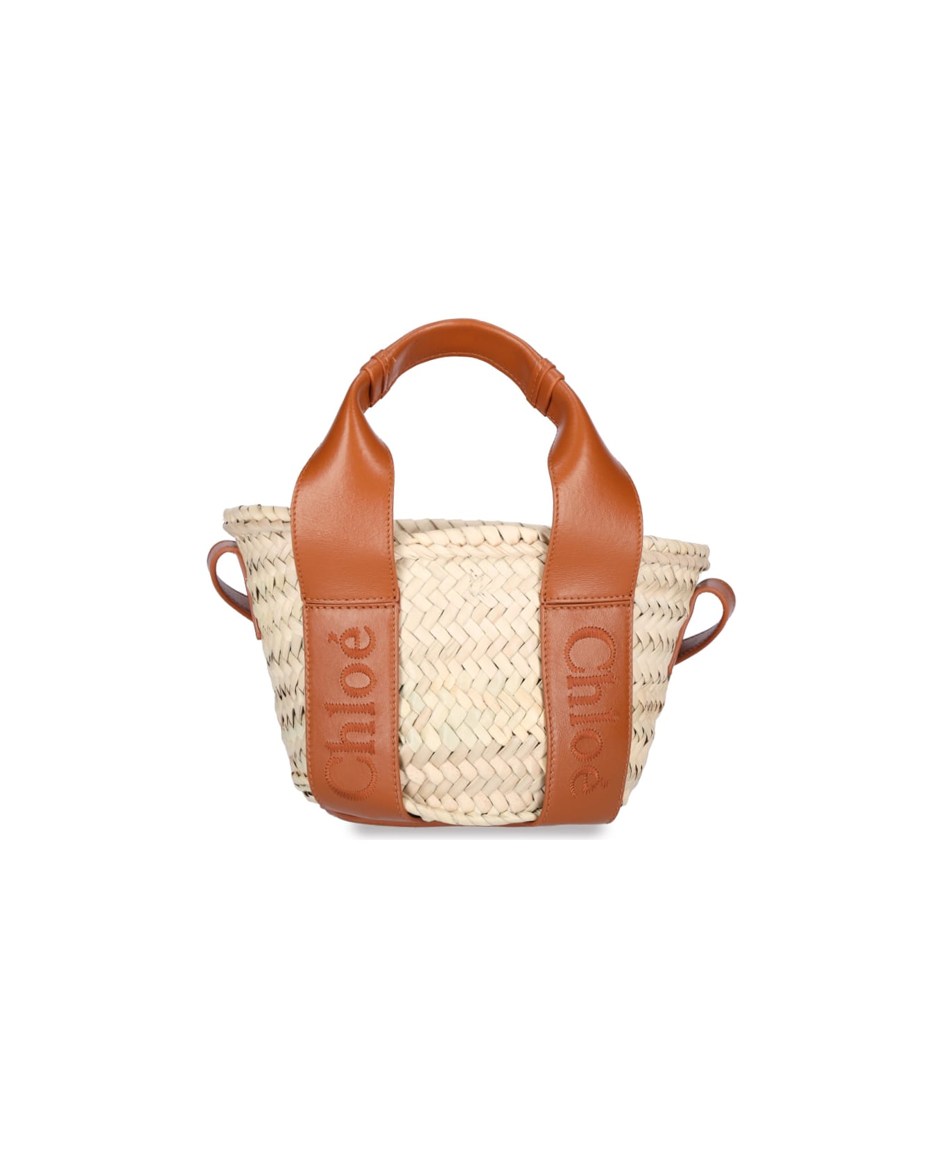 Chloé Sense Small Tote Bag In Nat Raffia And Brown Leather - Brown