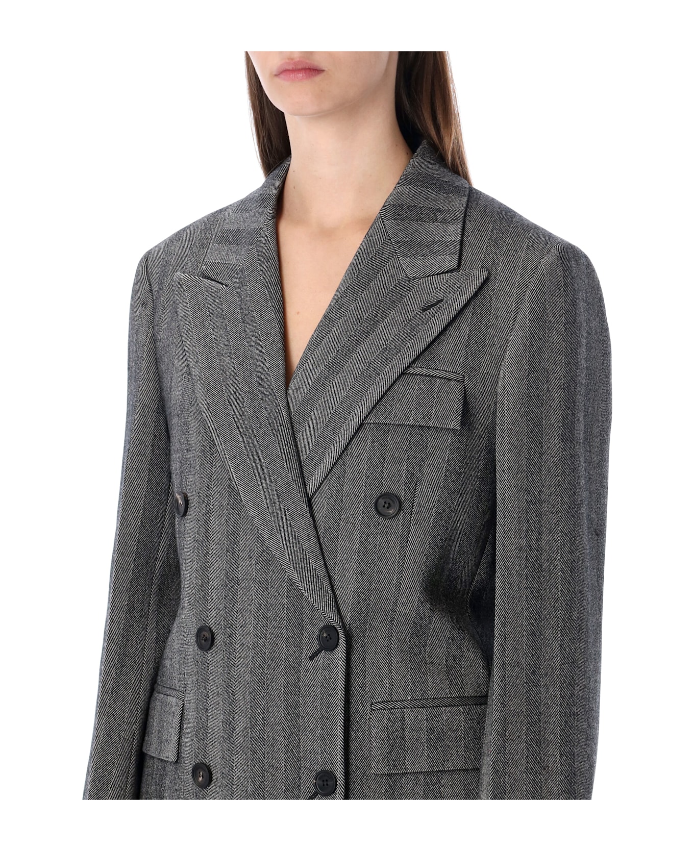 Ferragamo Oversized Double-breasted Chevron Wool Blazer - NERO WHITE