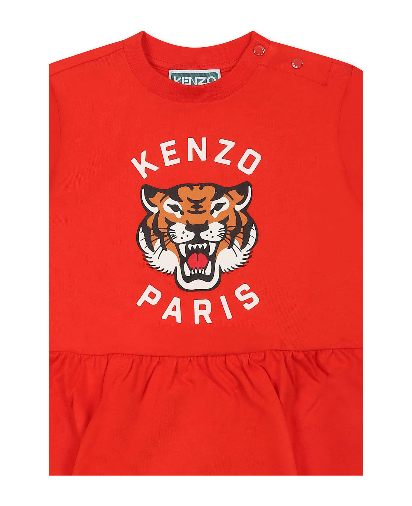 Kenzo Kids Red Dress For Baby Girl Wih Lucky Tiger - Red