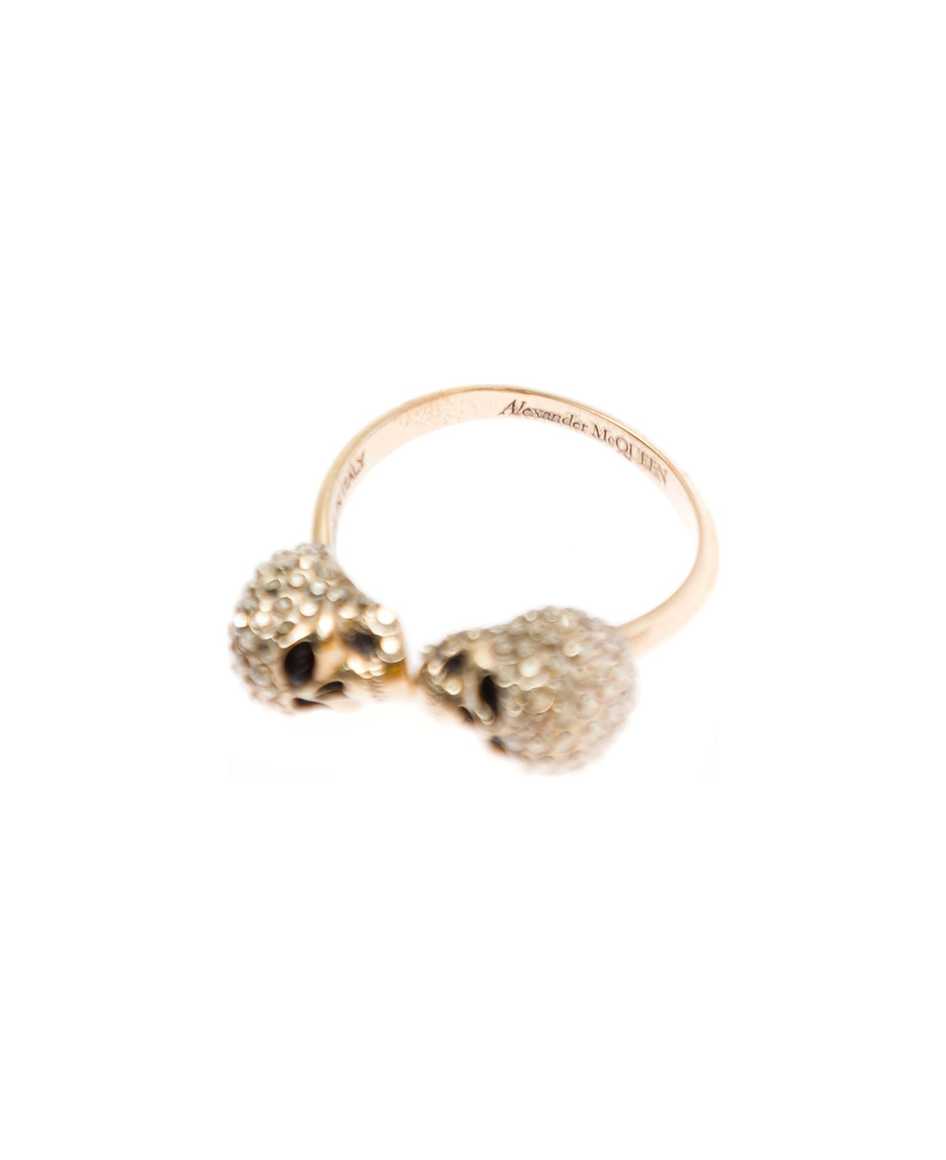 Alexander McQueen Woman's Brass Twin Skull Ring With Crystals Applied - Metallic