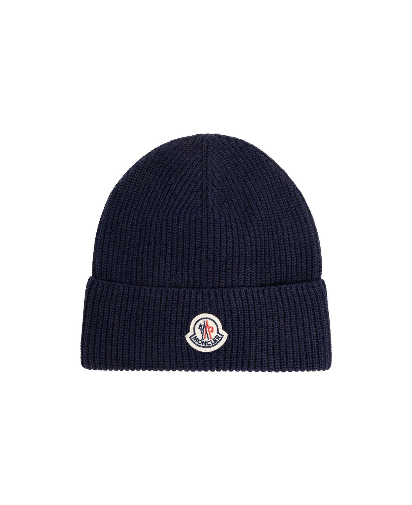 Moncler Logo Patch Ribbed-knit Beanie - Blue