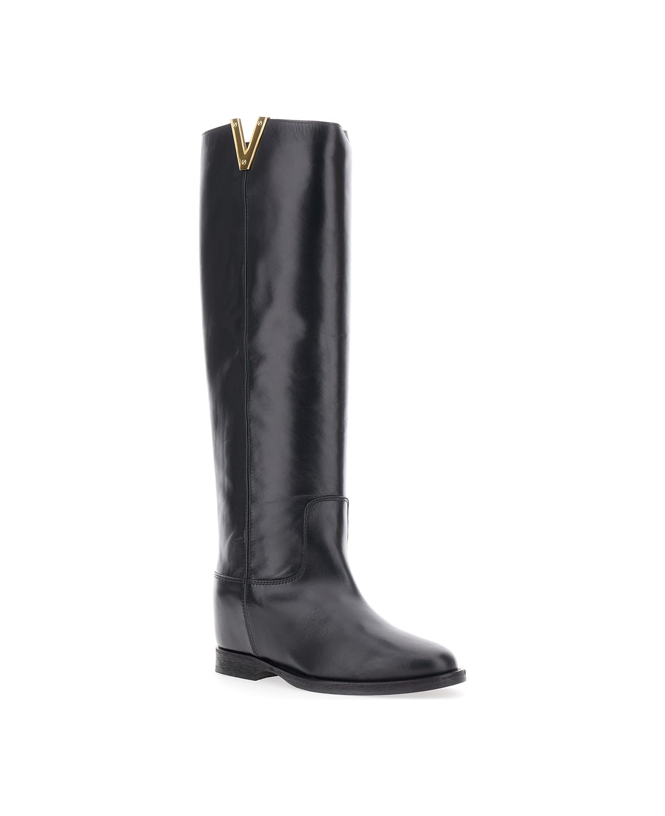 Via Roma 15 Black Boots With Cut-out Detail On The Side And Logo Plaque In Leather Woman - Black