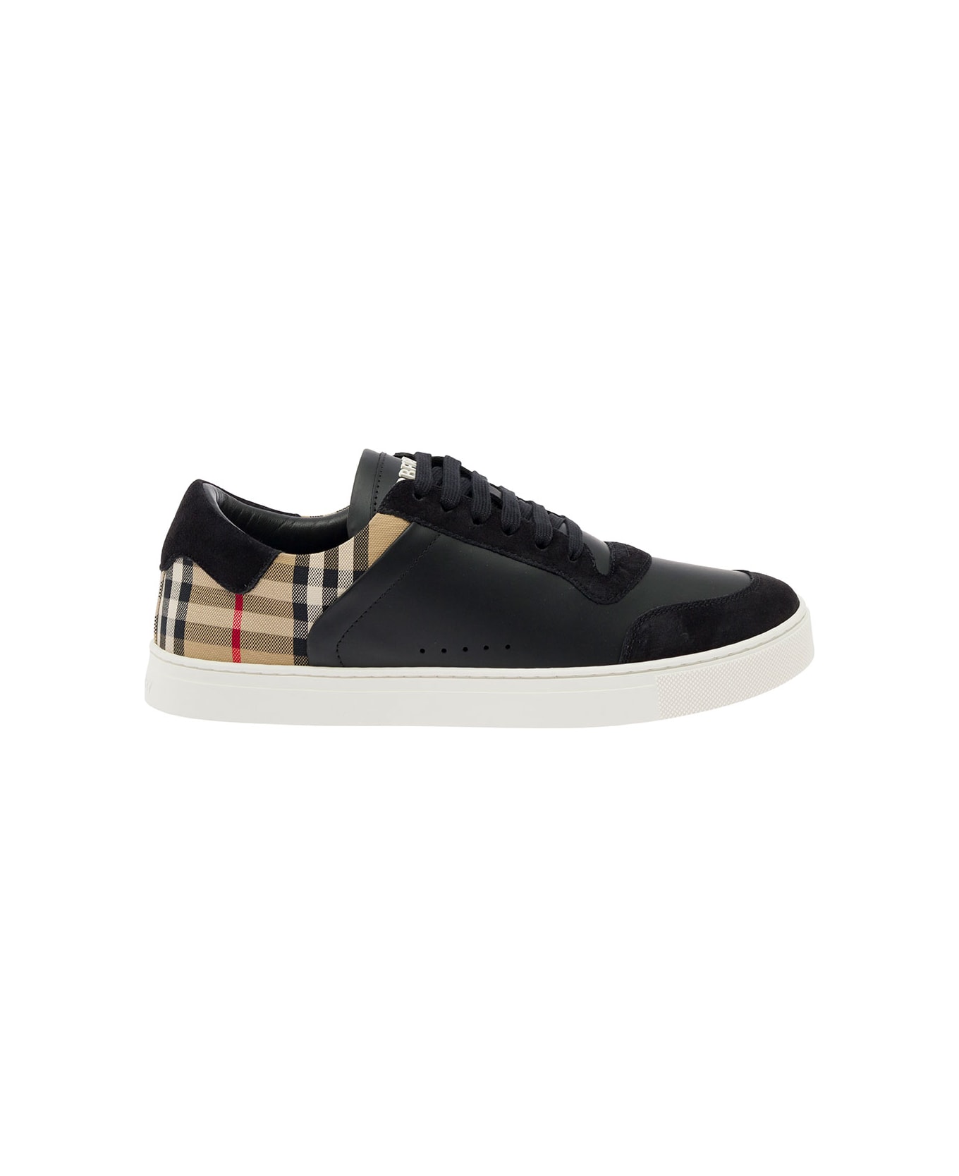Burberry Black Sneakers With Suede Details And Check Motif In Leather Blend Man - Black