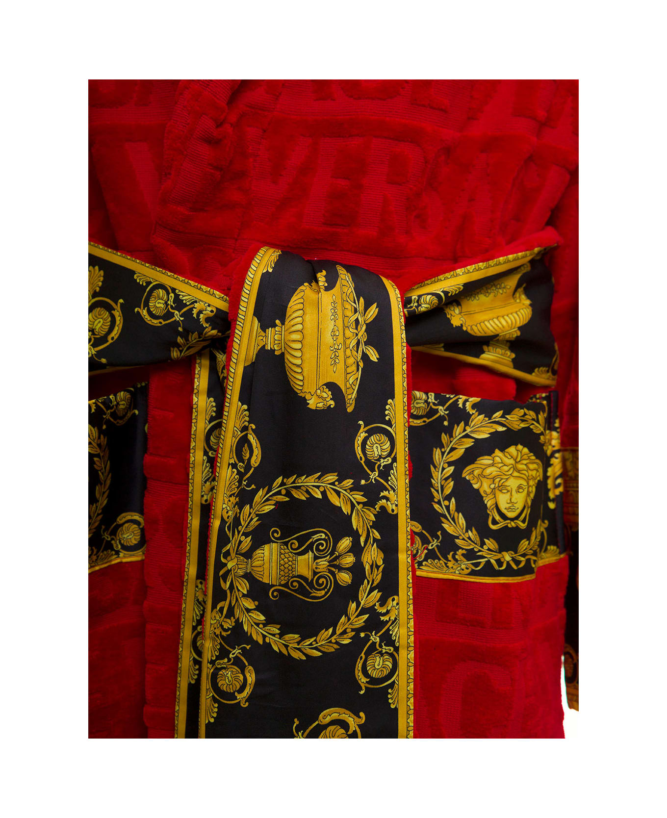 Versace Home's Red Terry Cotton Bathrobe With Baroque Detail