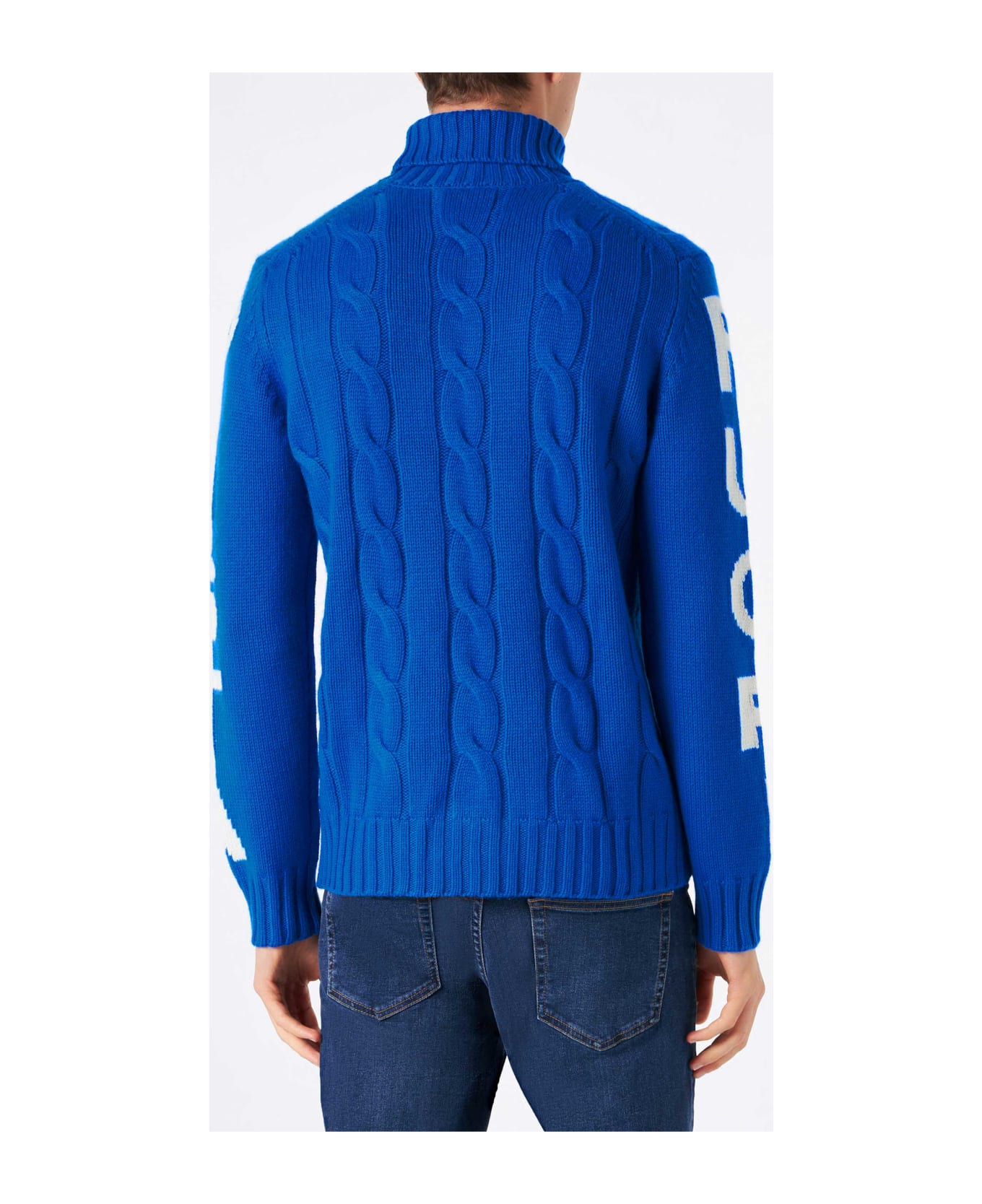 MC2 Saint Barth Man Turtleneck Braided Sweater With Fuori Pista Print - BLUE