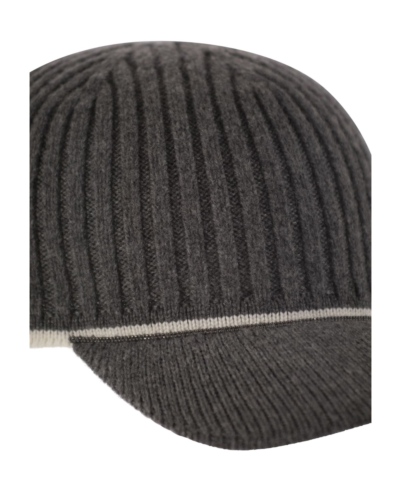 Brunello Cucinelli Ribbed Virgin Wool, Cashmere And Silk Knit Baseball Cap With Jewel - Anthracite