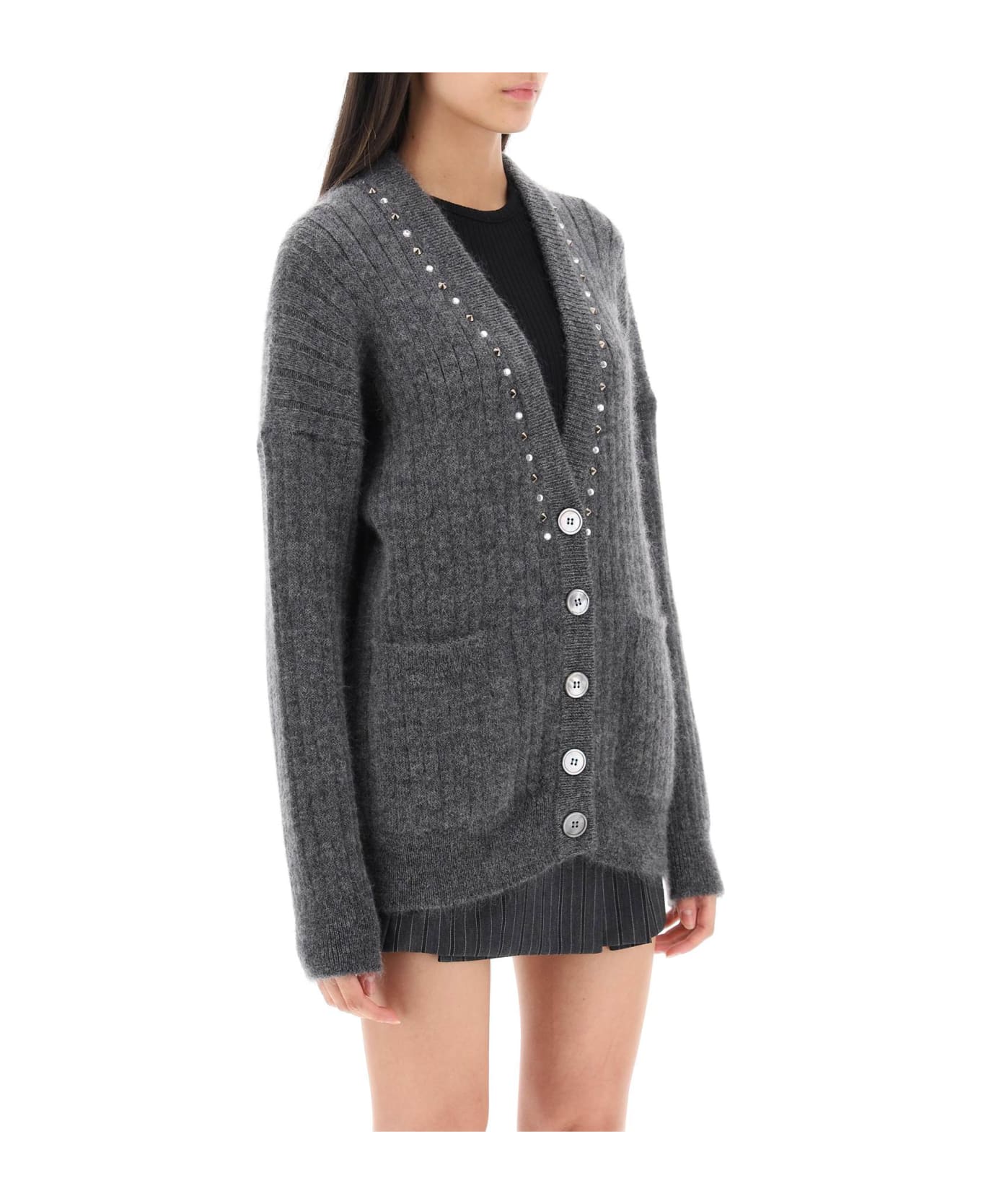 Alessandra Rich Cardigan With Studs And Crystals - GREY MELANGE (Grey)