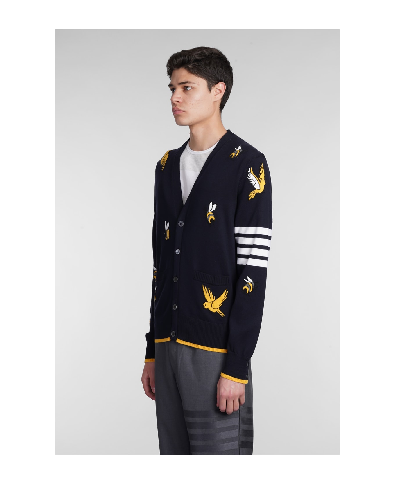 Thom Browne 'birds Beers Half Drop' Wool And Cotton Cardigan - Blue