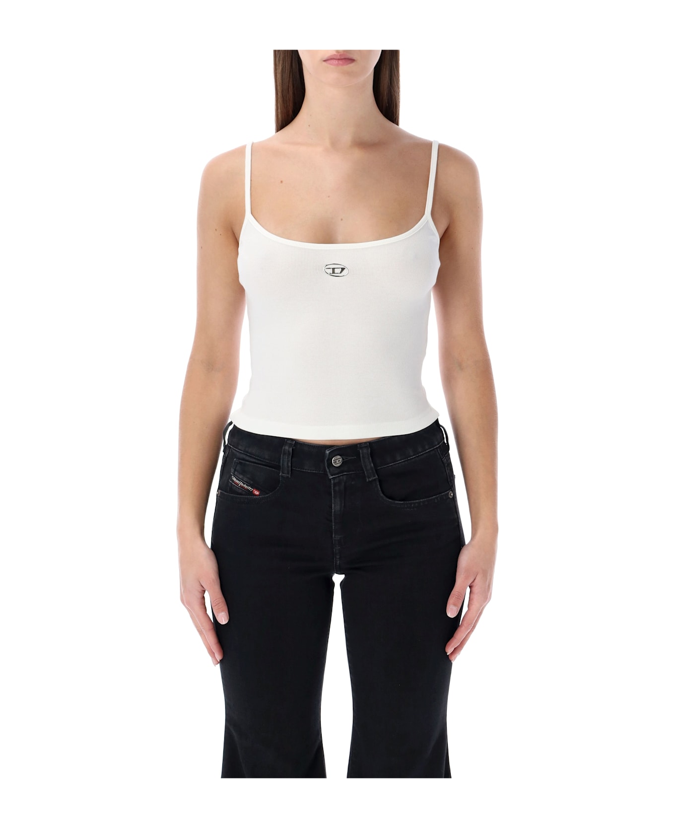 Diesel Ribbed Stretch Cotton Top With Metallic Oval D Logo - WHITE
