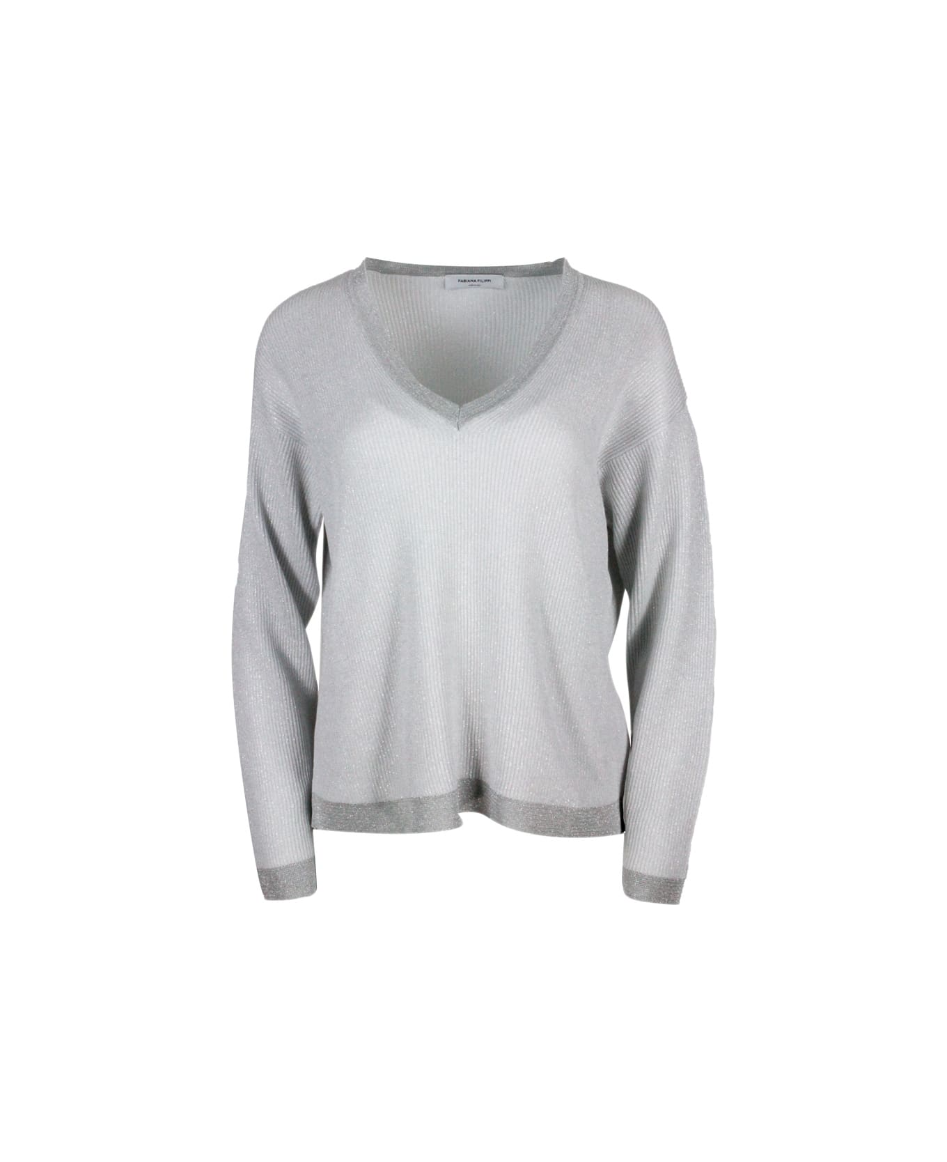 Fabiana Filippi V-neck Cotton Blend Sweater Embellished With Lurex Rows With Contrasting Color Edges - Ice ニットウェア