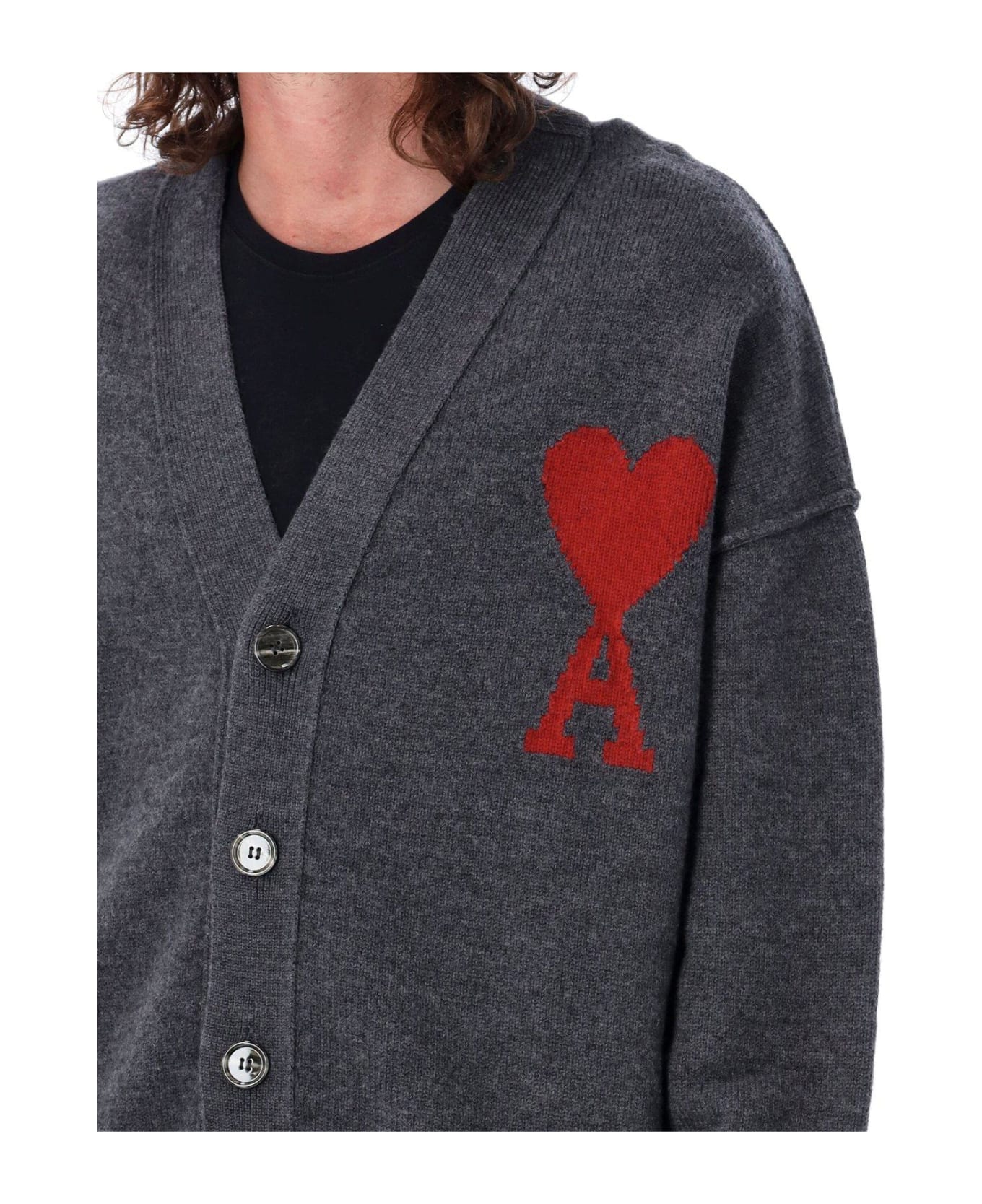 Ami Alexandre Mattiussi Paris De Coeur Logo Intarsia Knitted Buttoned Cardigan - Grey