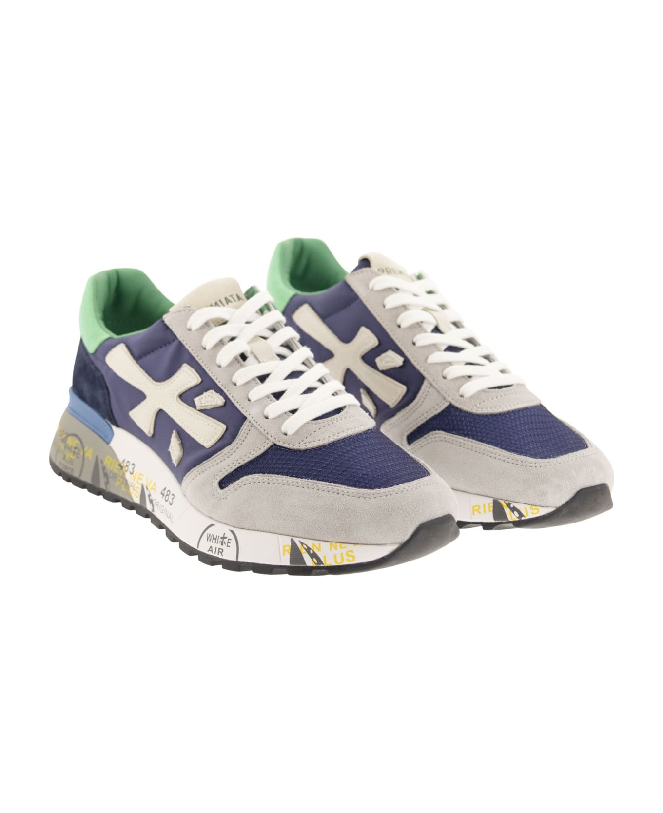 Premiata Mick Sneakers In Blue Suede And Fabric - Blue/green/grey