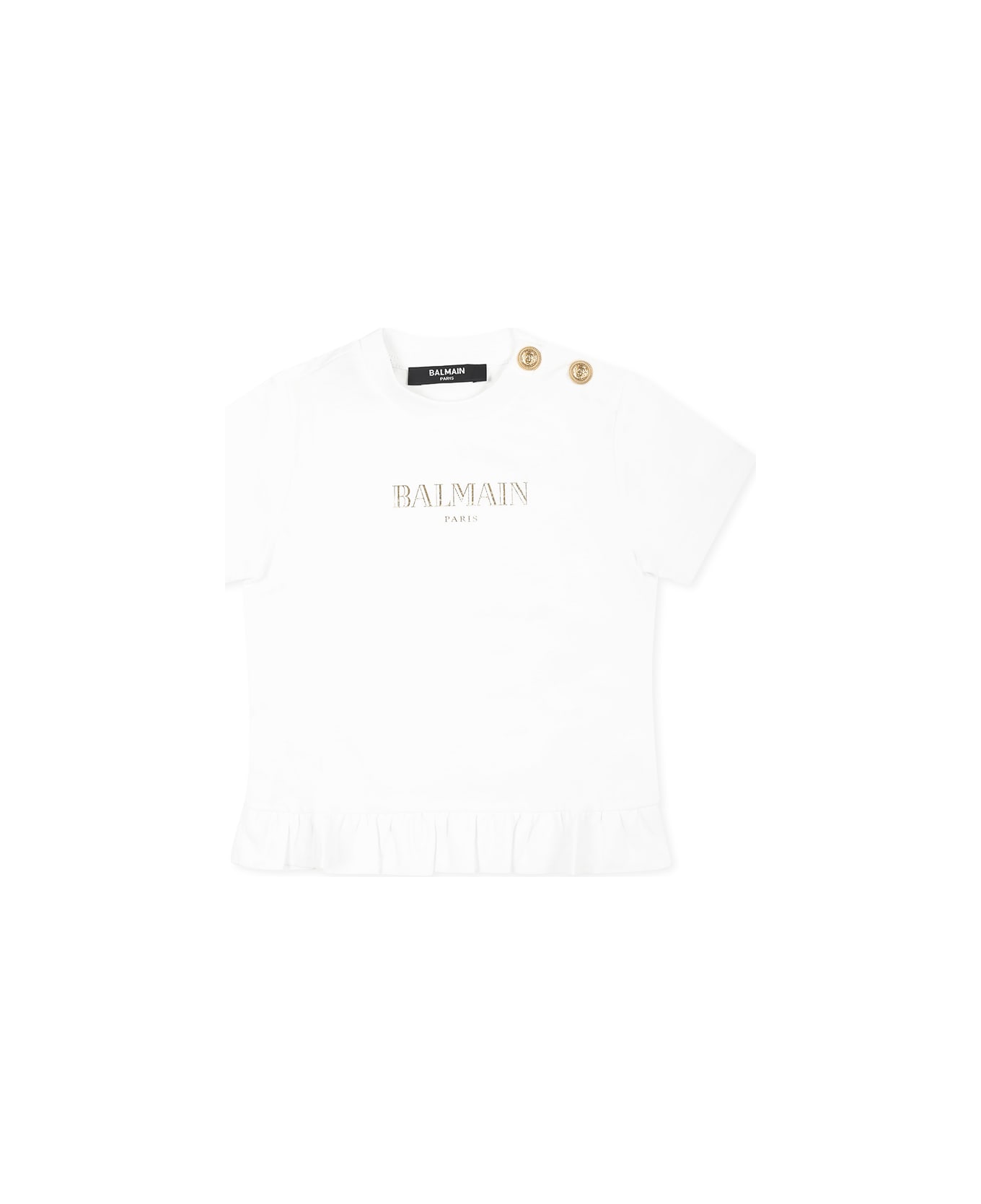 Balmain White T-shirt For Baby Girl With Gold Logo - White