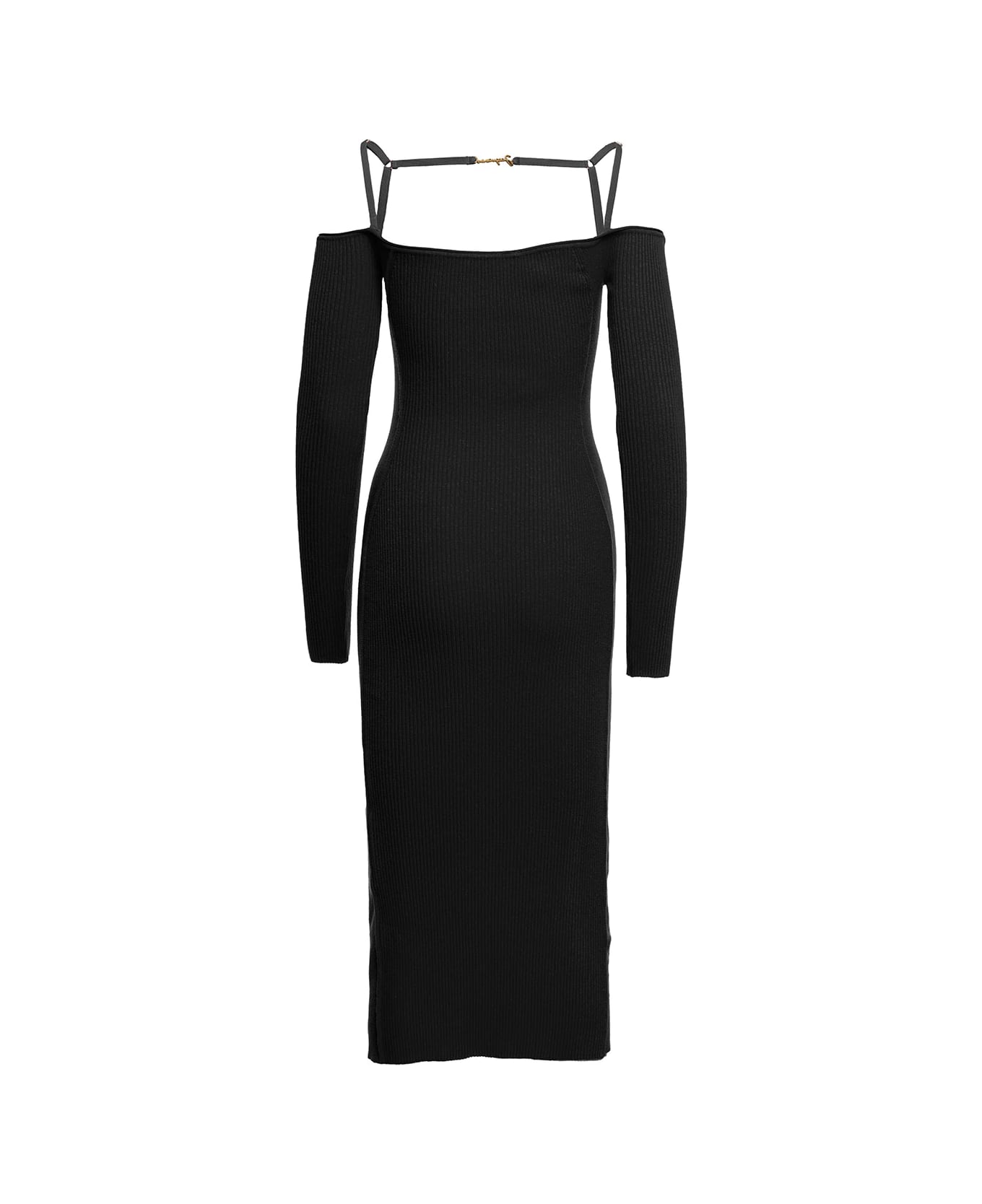 Jacquemus 'le Robe Sierra' Long Black Ribbed Off-the-shoulder Dress In Viscose Blend Woman - Black