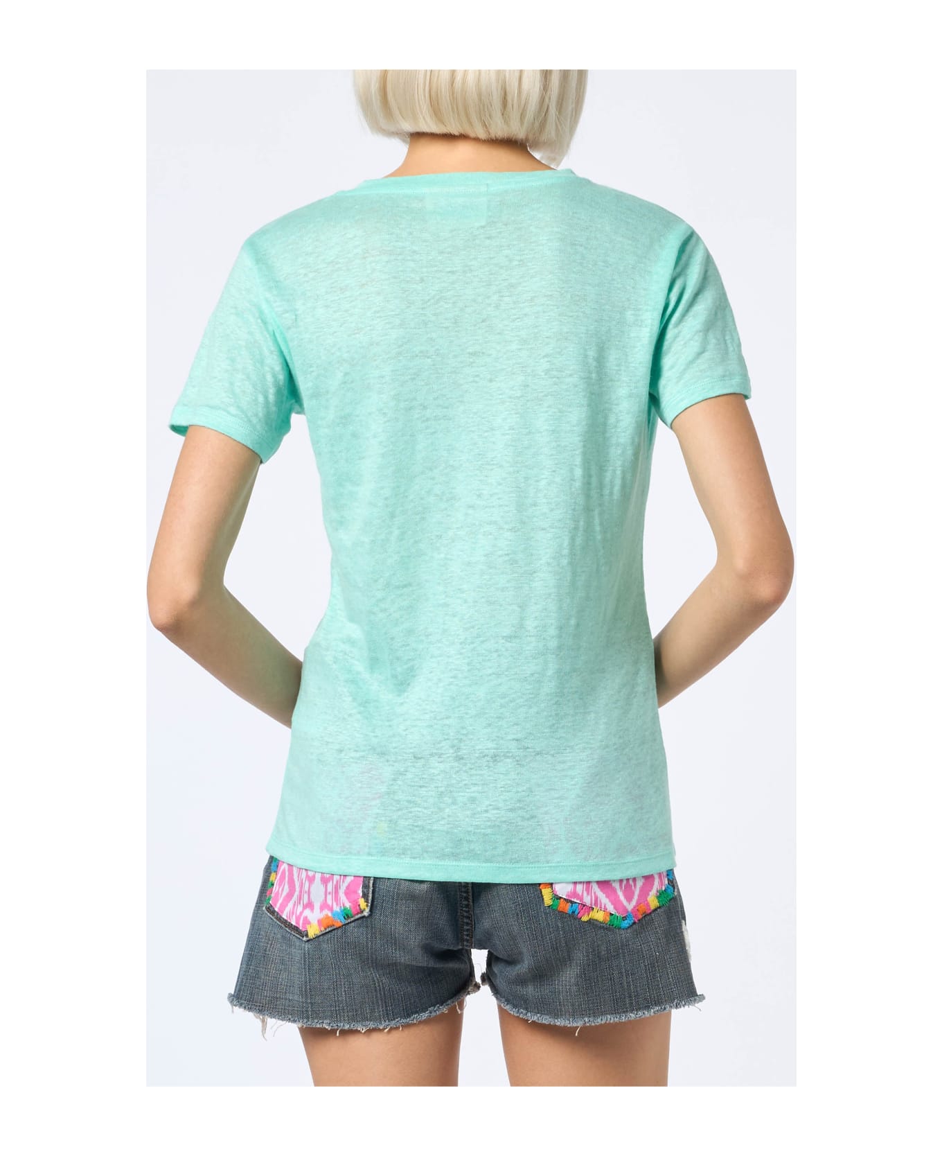 MC2 Saint Barth Woman Linen Jersey Sage Green V-neck T-shirt Eloise - GREEN