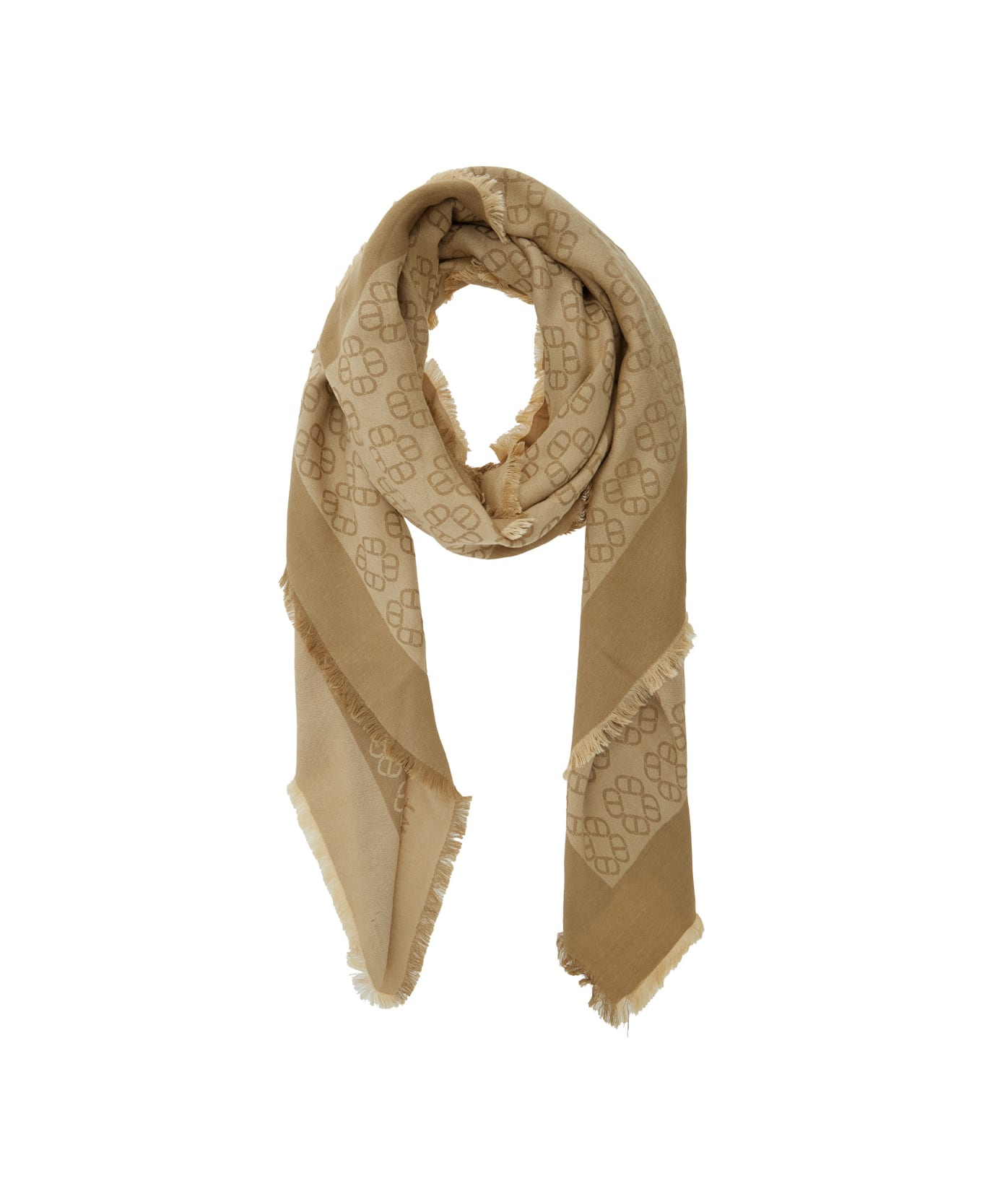 TwinSet Beige Rectangular Scarf With All-over Print And Fringed Hem In Viscose Woman - Beige