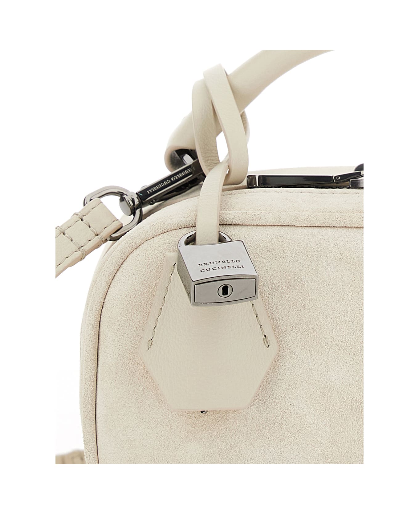 Brunello Cucinelli 
boston Explorer
 White Crossbody Bag With Removable Metal Padlock Charm In Suede Woman - White