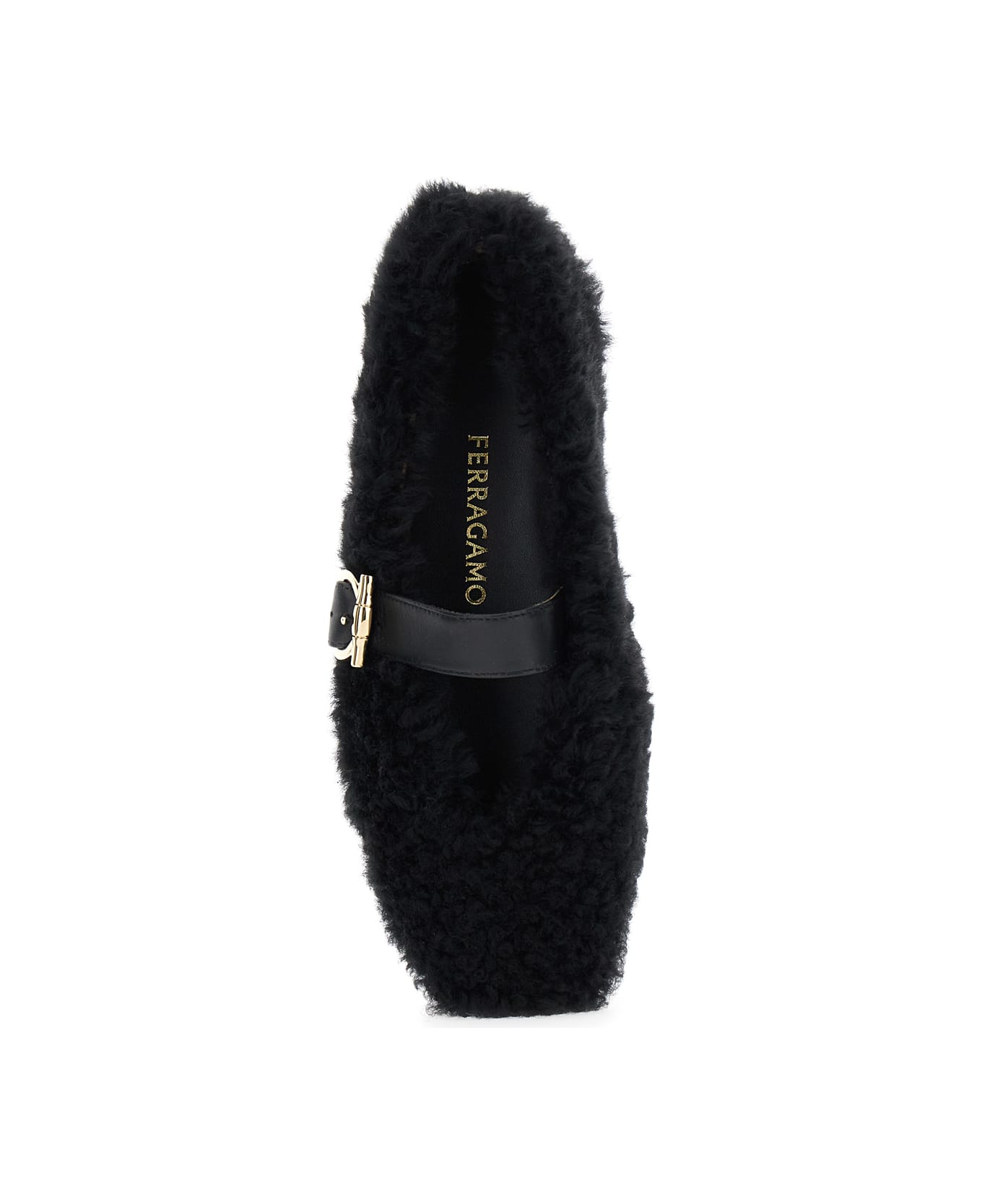 Ferragamo Black Ballerinas With Shearling Design And Buckle In Leather Woman