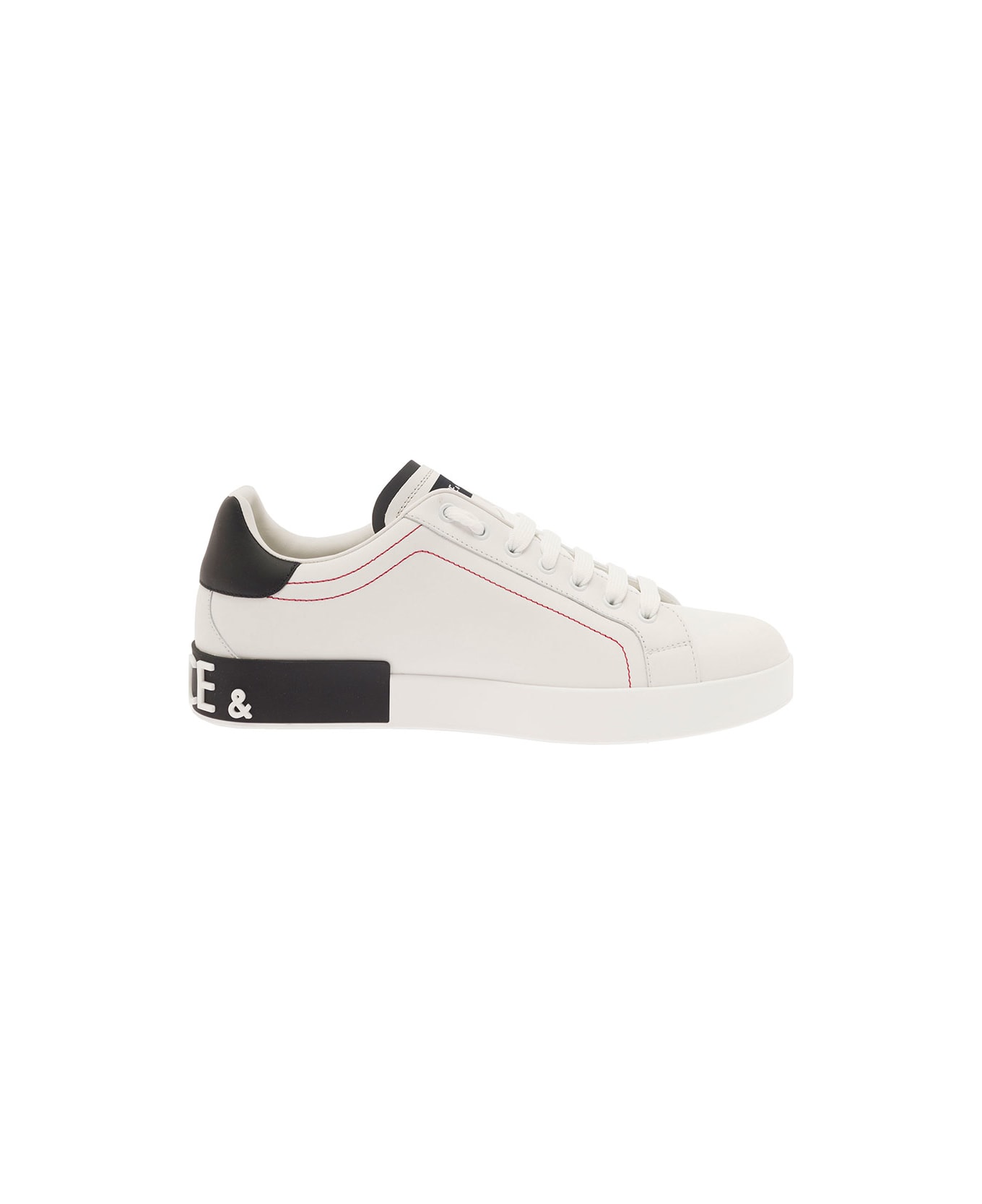 Dolce & Gabbana 'portofino' White Low Top Sneakers With Patch Logo And Red Stitching In Smooth Leather Man - White スニーカー