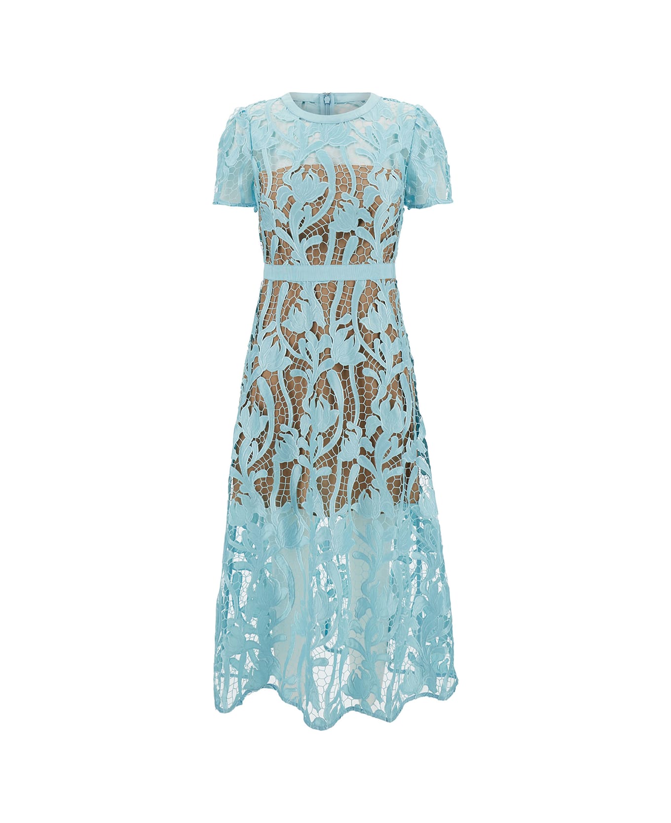 self-portrait Midi Light Blue Dress With Short Sleeves In Floreal Lace Woman - Light blue